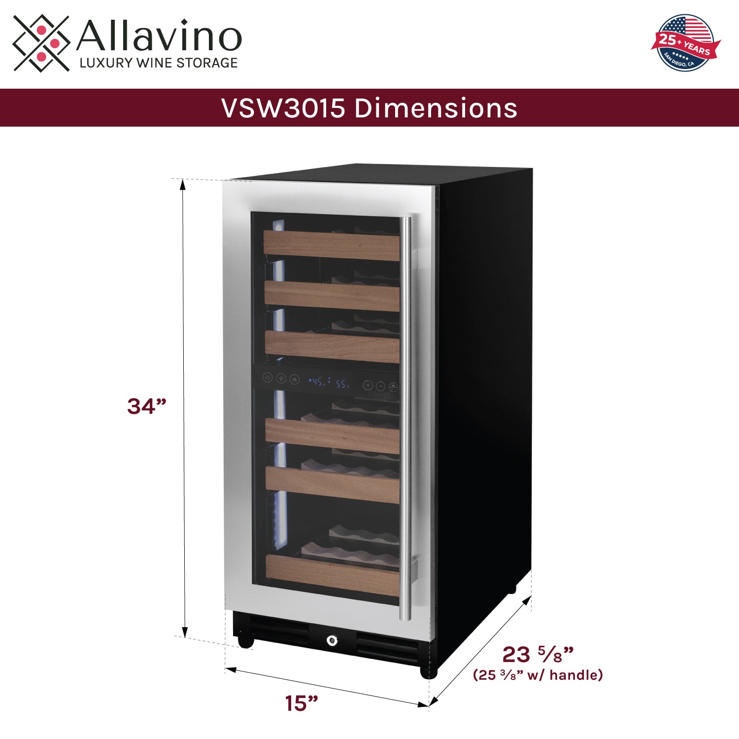 Allavino 15" Wide Reserva Series 30 Bottle Dual Zone Stainless Steel Left Hinge Wine Refrigerator  AO VSW3015D-2SL