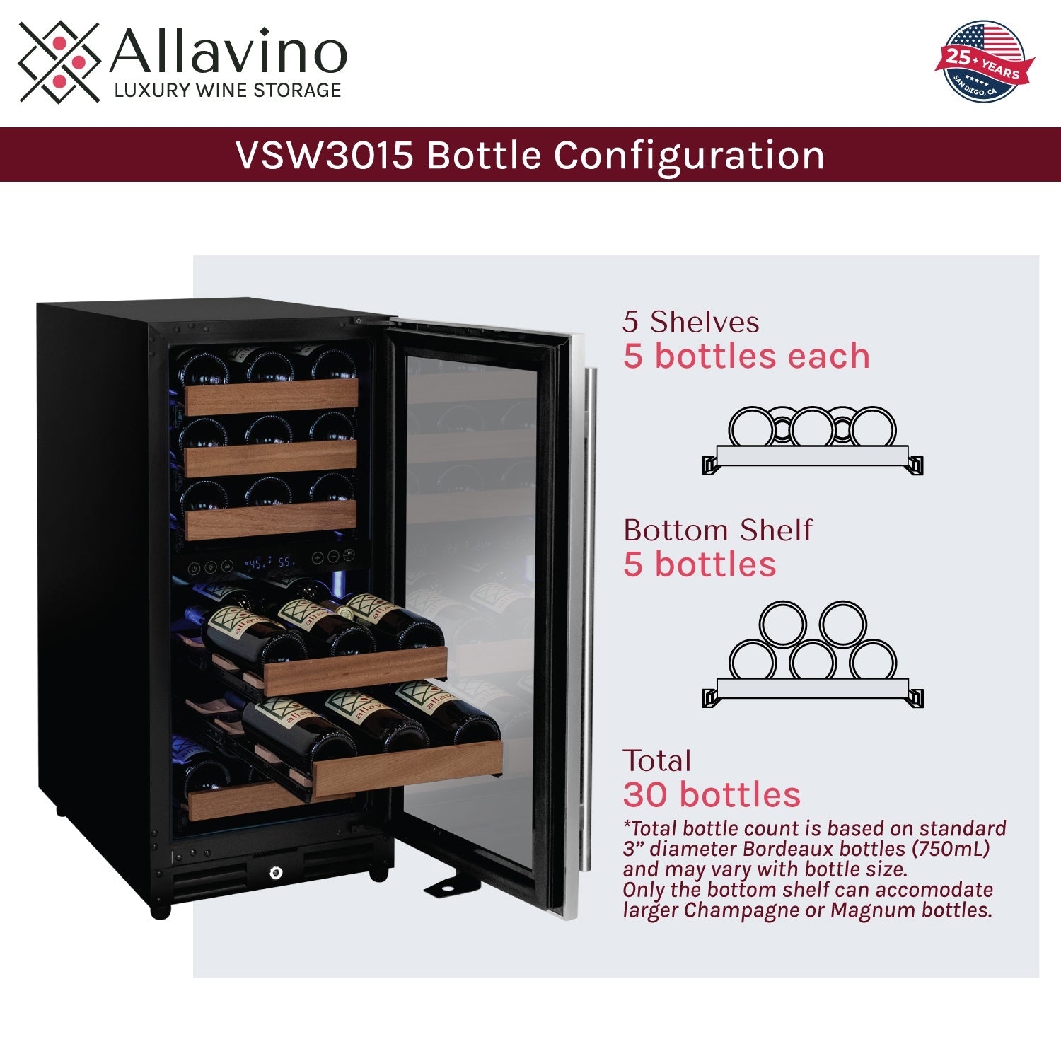 Allavino 15" Wide Reserva Series 30 Bottle Dual Zone Stainless Steel Right Hinge Wine Refrigerator AO VSW3015D-2SR