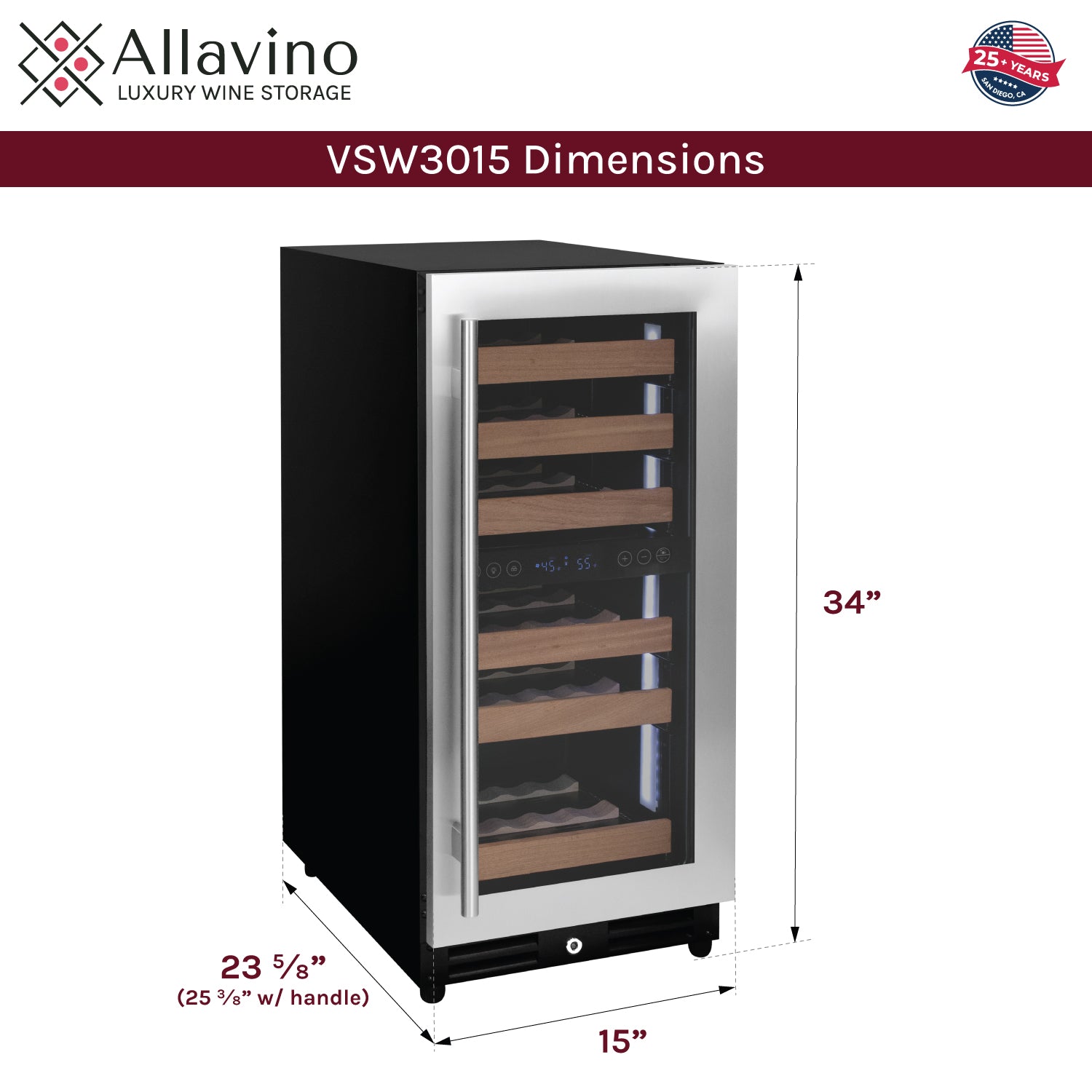 Allavino 15" Wide Reserva Series 30 Bottle Dual Zone Stainless Steel Right Hinge Wine Refrigerator AO VSW3015D-2SR