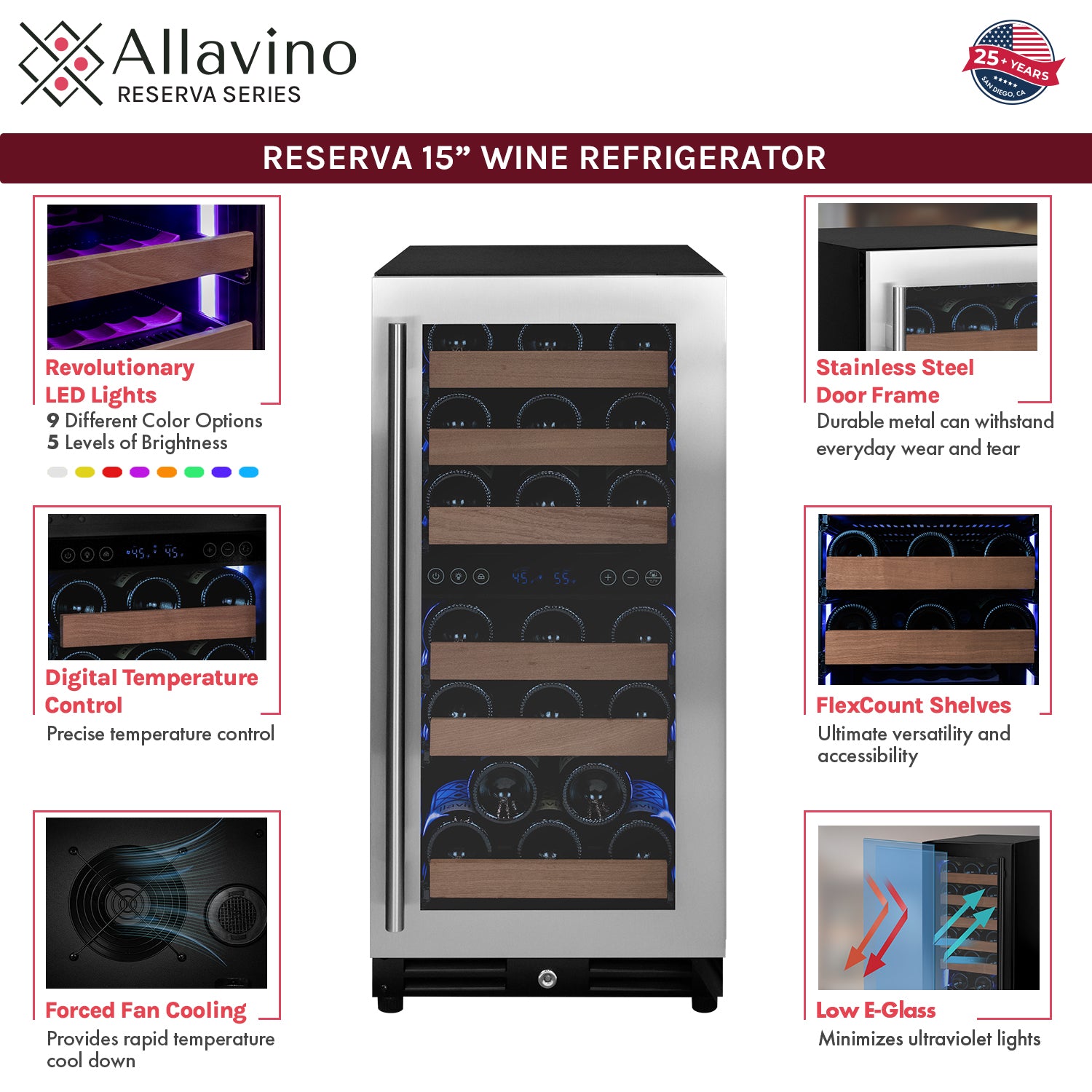 Allavino 15" Wide Reserva Series 30 Bottle Dual Zone Stainless Steel Right Hinge Wine Refrigerator AO VSW3015D-2SR