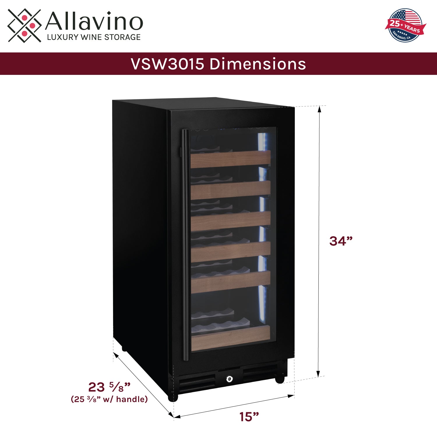 Allavino 15" Wide Reserva Series 30 Bottle Single Zone Black Right Hinge Wine Refrigerator AO VSW3015S-1BR