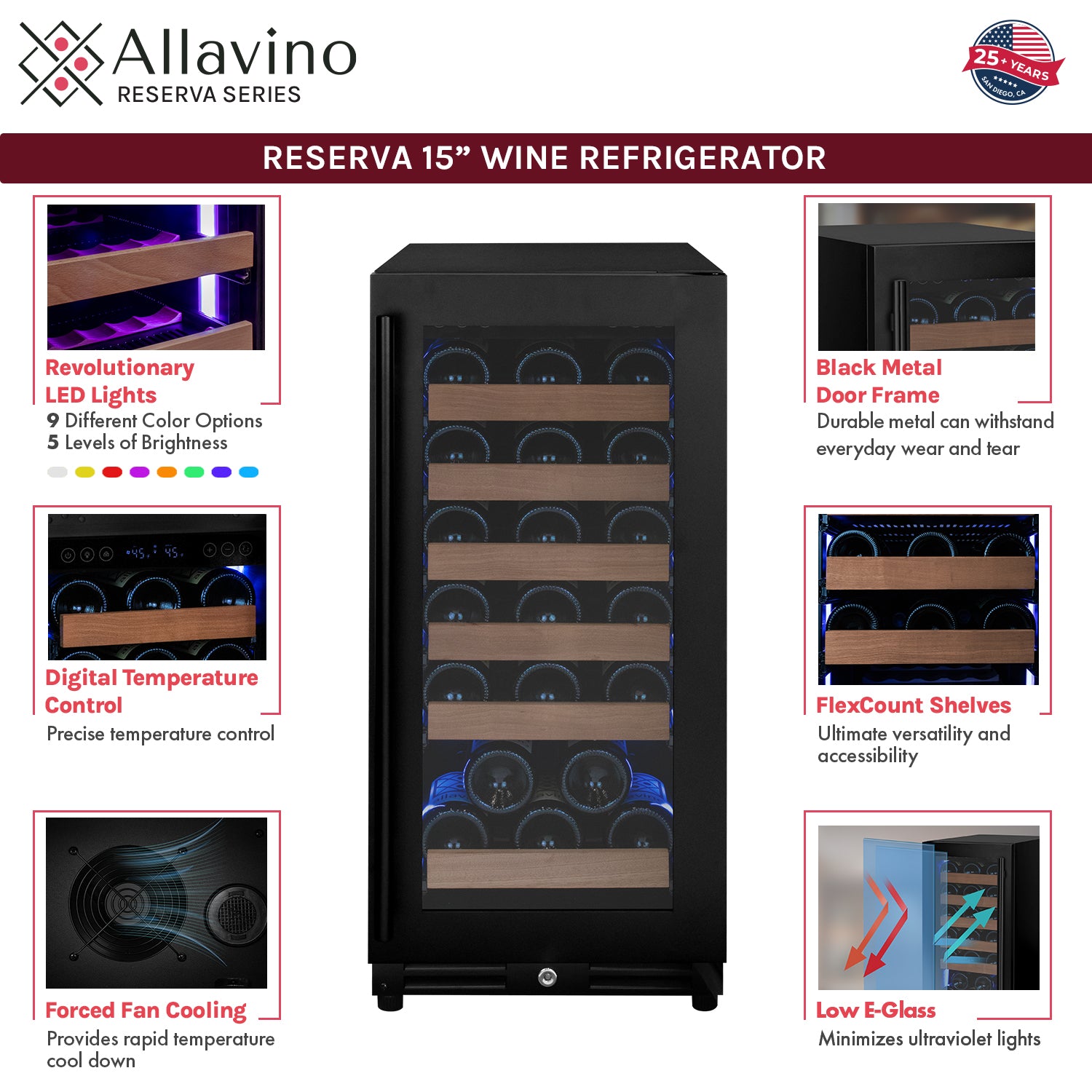 Allavino 15" Wide Reserva Series 30 Bottle Single Zone Black Right Hinge Wine Refrigerator AO VSW3015S-1BR