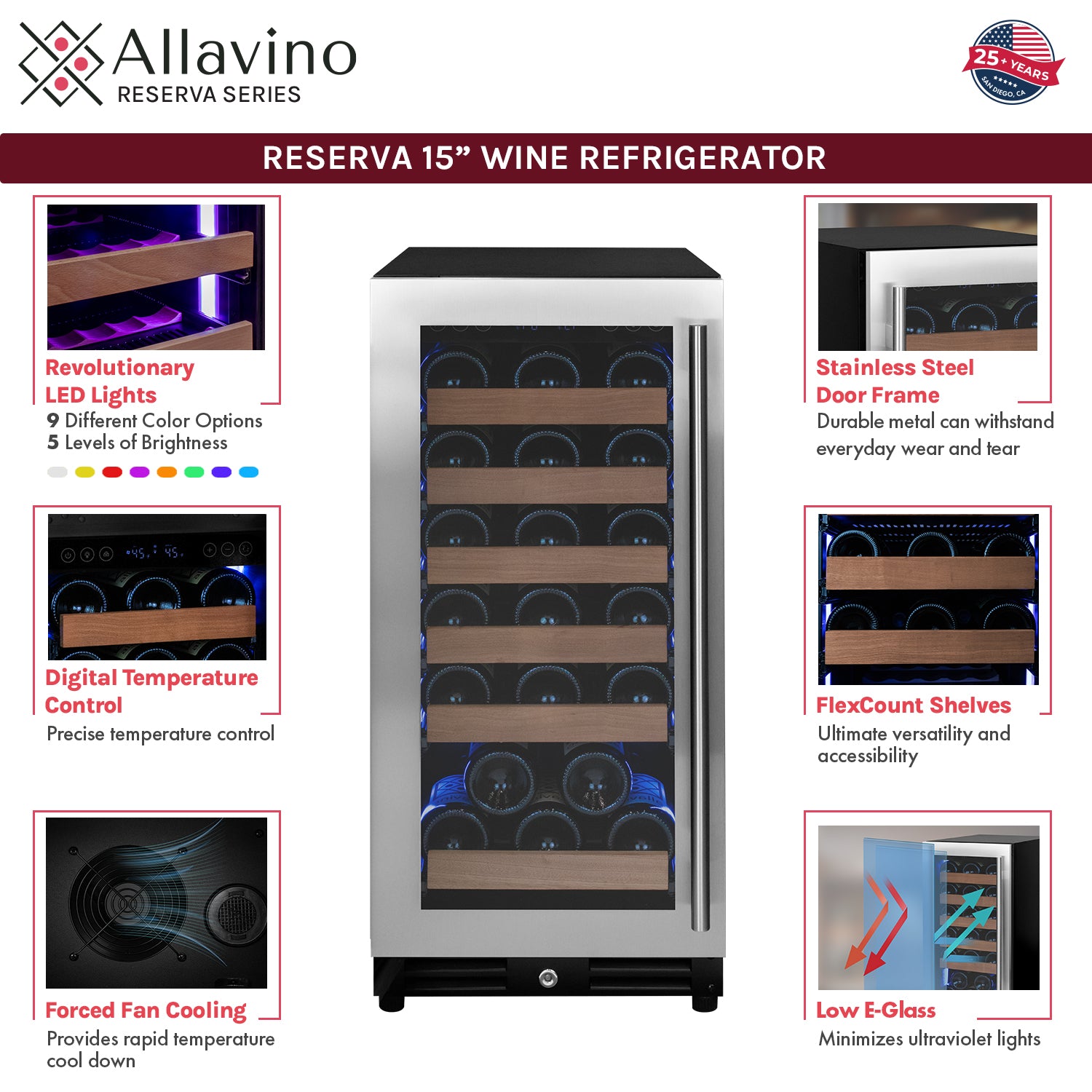 Allavino 15" Wide Reserva Series 30 Bottle Single Zone Stainless Steel Left Hinge Wine Refrigerator  AO VSW3015S-1SL