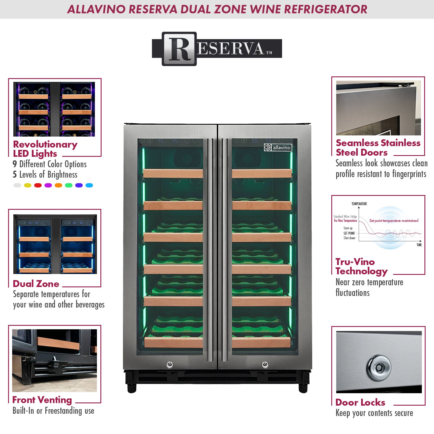 Allavino Reserva Series 36 Bottle Dual Zone Wine Refrigerator with Stainless Steel French Doors AO VSW3634FD-2S