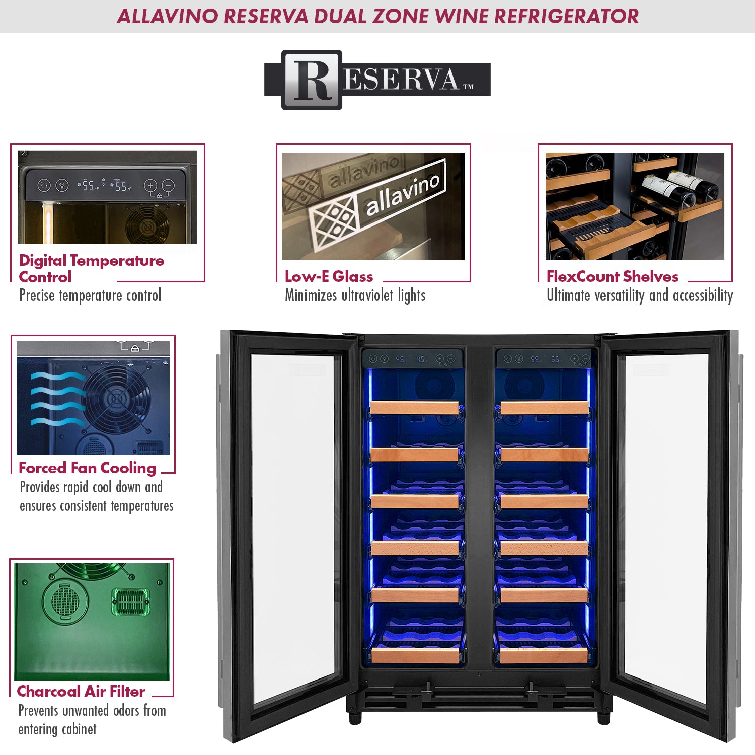 Allavino Reserva Series 36 Bottle Dual Zone Wine Refrigerator with Stainless Steel French Doors AO VSW3634FD-2S