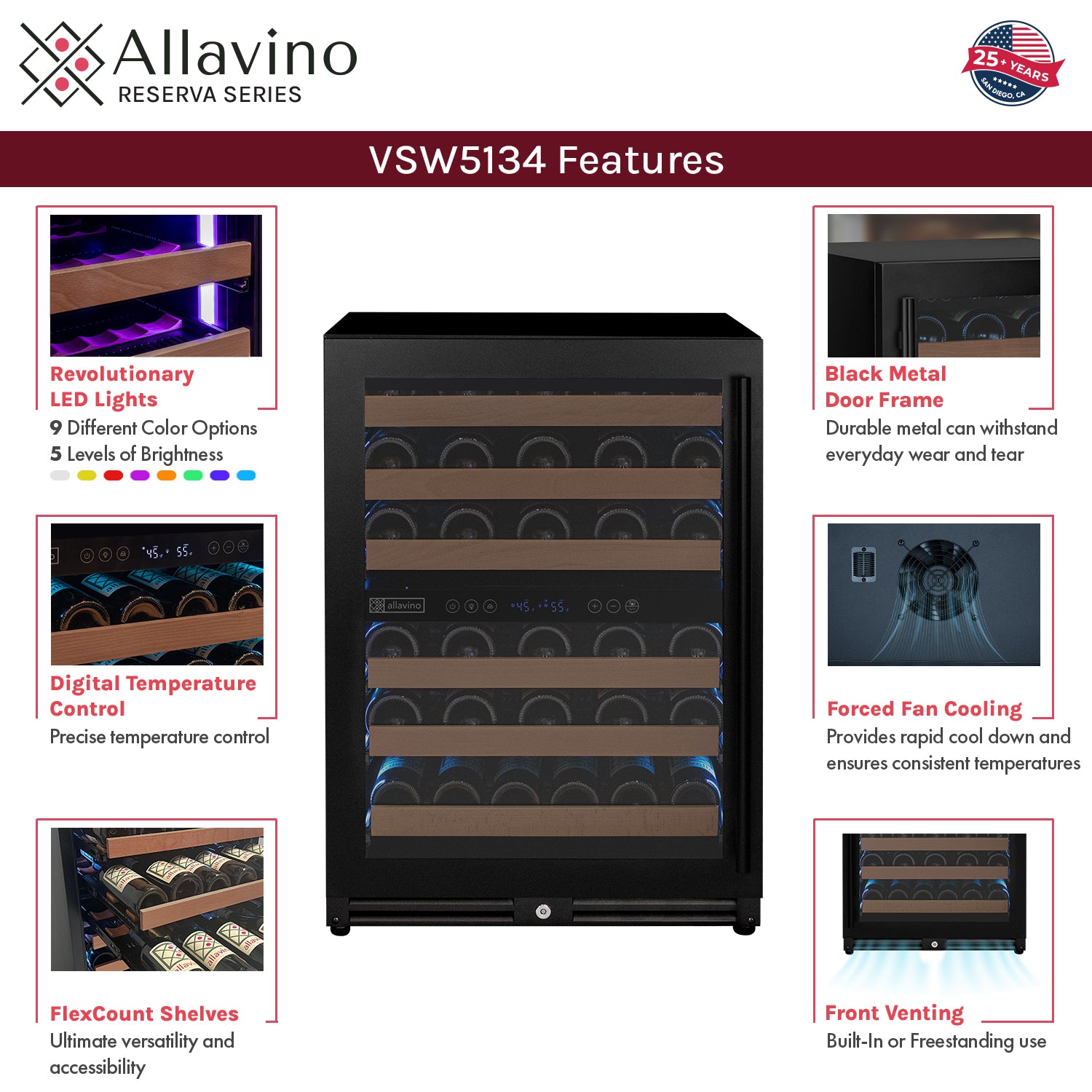 Allavino Reserva Series - 51 Bottle Dual Zone Built-in Luxury Wine Refrigerator with Black Door - Left Hinge AO VSW5134D-2BL