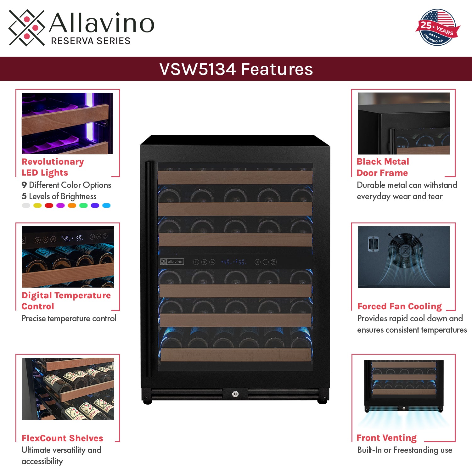 Allavino Reserva Series 102 Bottle Four Zone Built-in Luxury Wine Refrigerator with Black Metal Doors - Side-by-Side  BF 2X-VSW5134D-2B