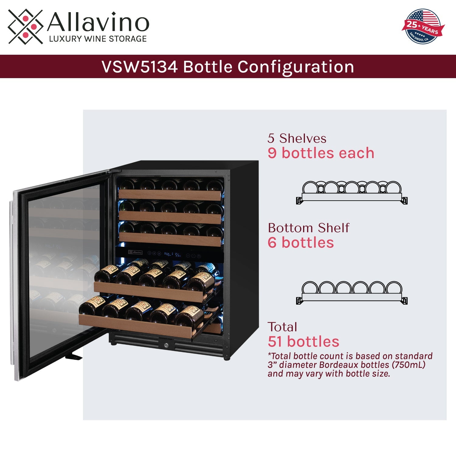Allavino Reserva Series - 51 Bottle Dual Zone Built-in Luxury Wine Refrigerator with Stainless Steel Door - Left Hinge AO VSW5134D-2SL