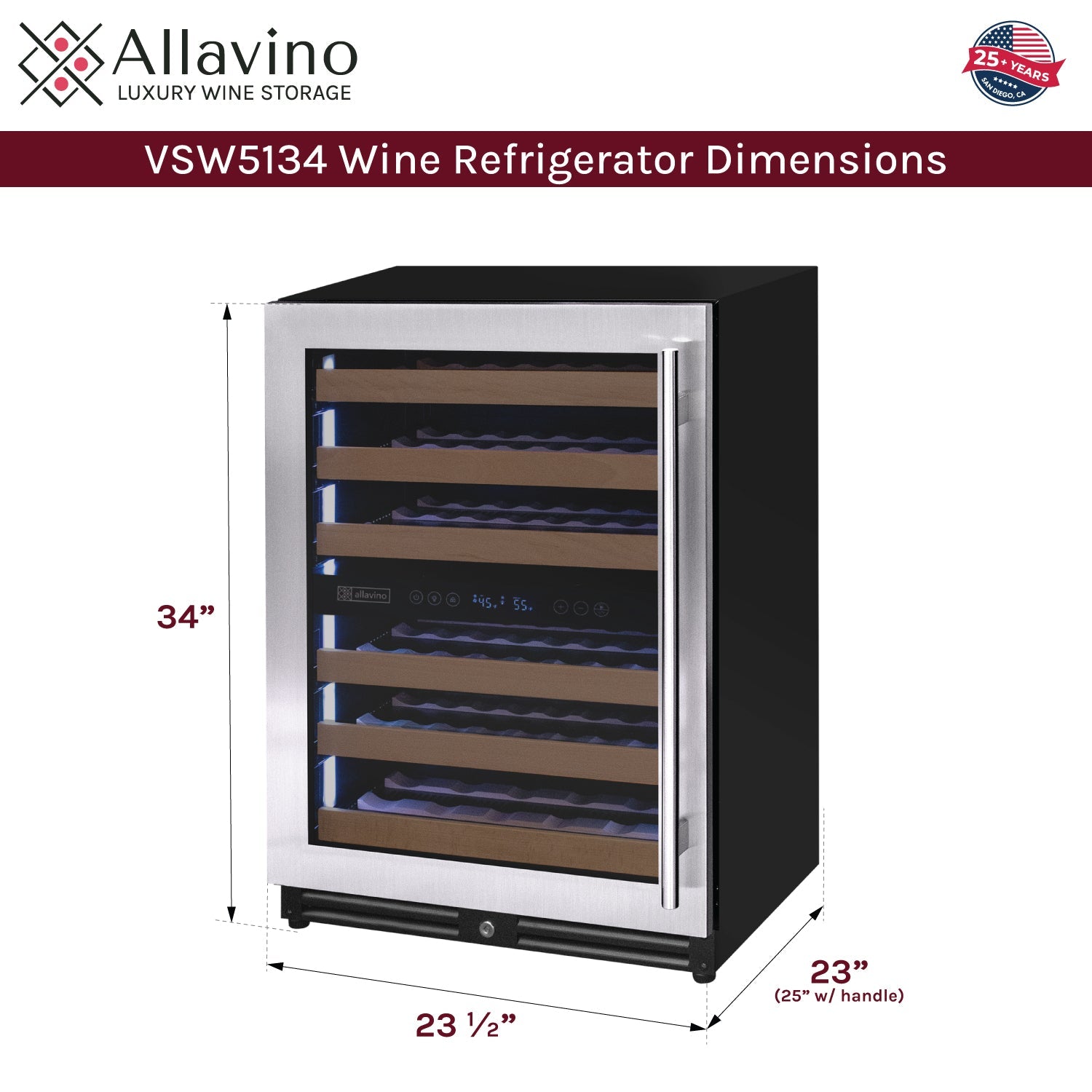 Allavino Reserva Series - 51 Bottle Dual Zone Built-in Luxury Wine Refrigerator with Stainless Steel Door - Left Hinge AO VSW5134D-2SL