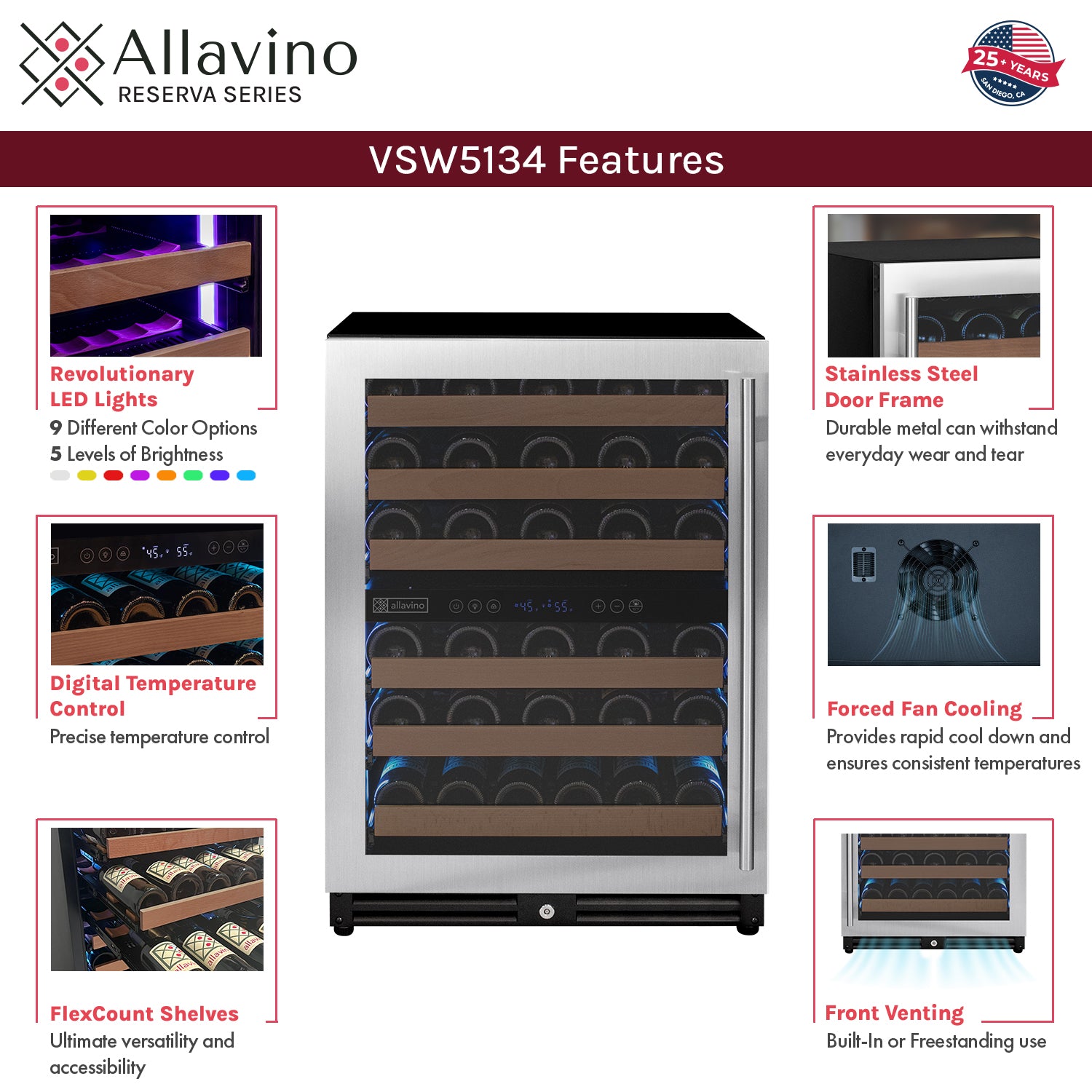 Allavino Reserva Series - 51 Bottle Dual Zone Built-in Luxury Wine Refrigerator with Stainless Steel Door - Left Hinge AO VSW5134D-2SL