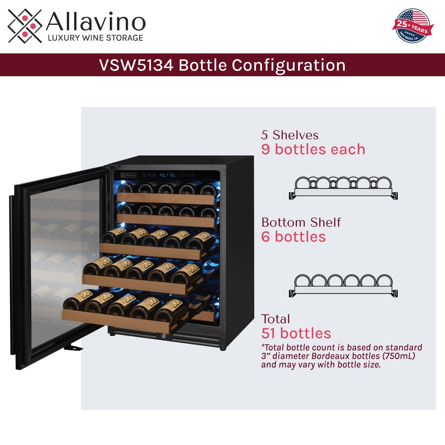 Allavino Reserva Series - 51 Bottle Single Zone Built-in Luxury Wine Refrigerator with Black Door - Left Hinge AO VSW5134S-1BL