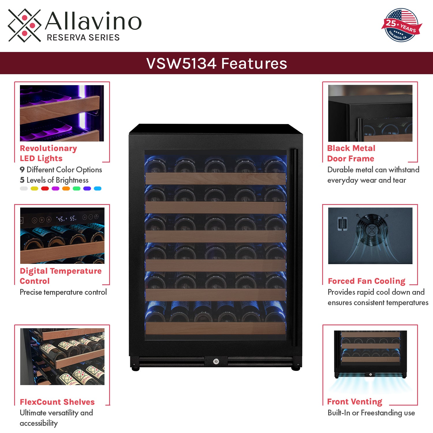 Allavino Reserva Series - 51 Bottle Single Zone Built-in Luxury Wine Refrigerator with Black Door - Left Hinge AO VSW5134S-1BL