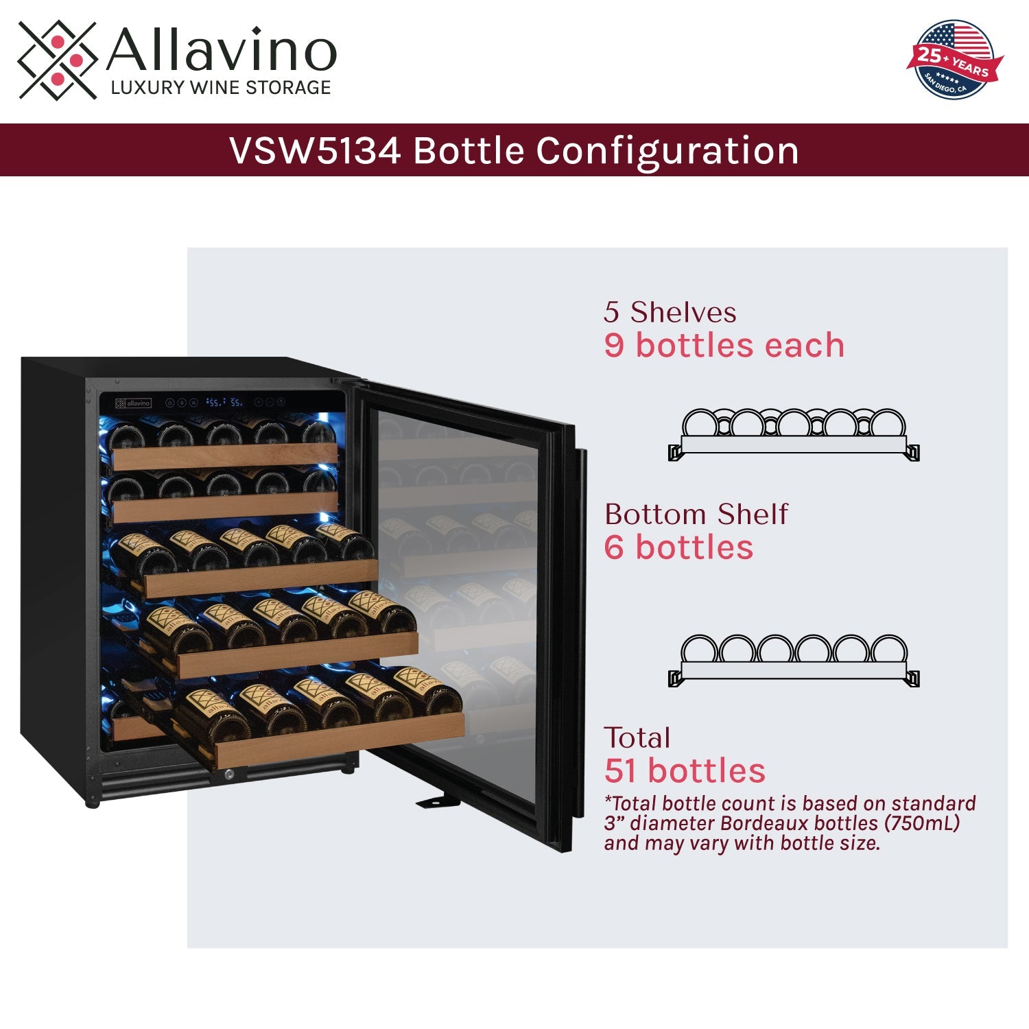 Allavino Reserva Series - 51 Bottle Single Zone Built-in Luxury Wine Refrigerator with Black Door - Right Hinge AO VSW5134S-1BR