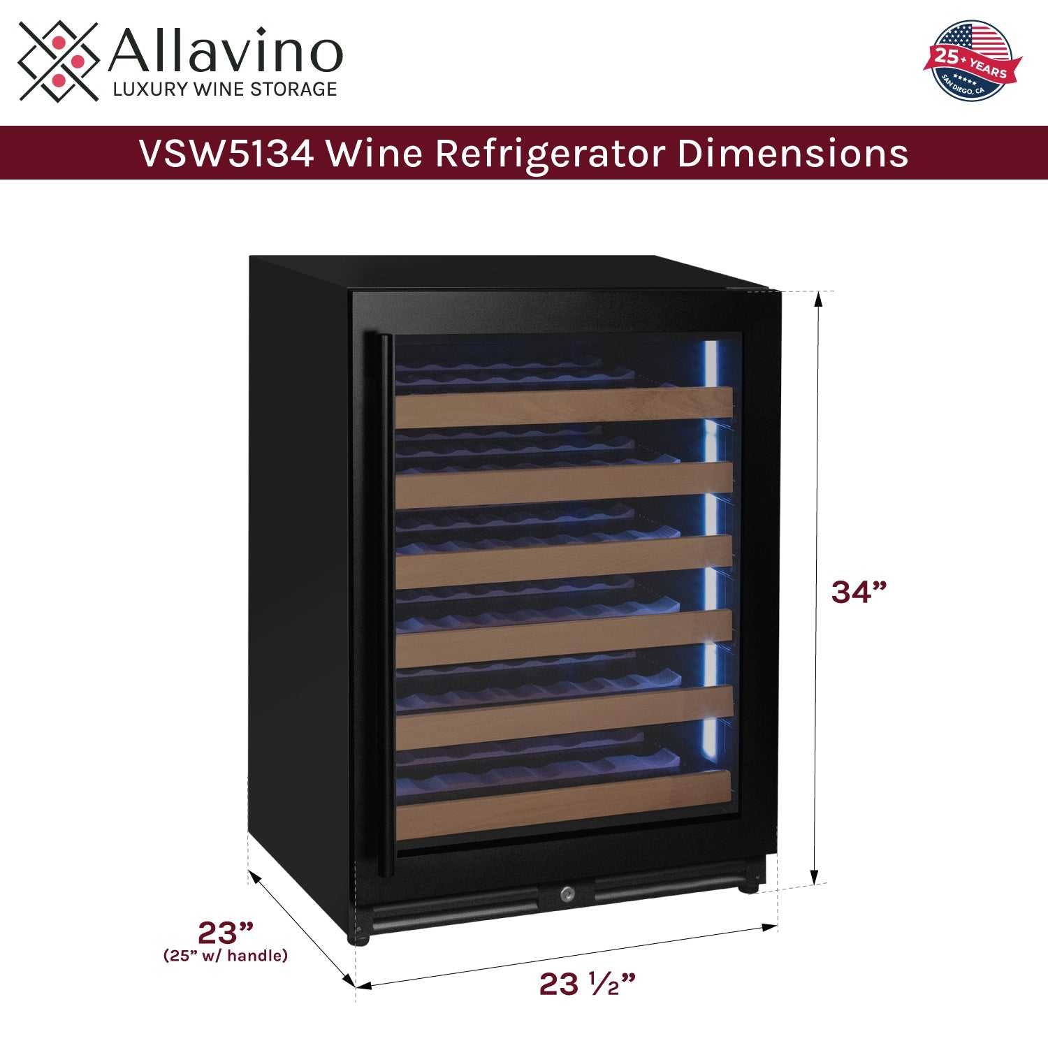 Allavino Reserva Series - 51 Bottle Single Zone Built-in Luxury Wine Refrigerator with Black Door - Right Hinge AO VSW5134S-1BR