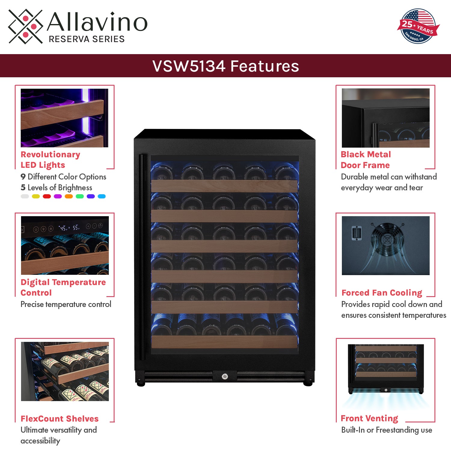 Allavino Reserva Series 102 Bottle Dual Zone Built-in Luxury Wine Refrigerator with Black Metal Doors - Side-by-Side BF 2X-VSW5134S-1B