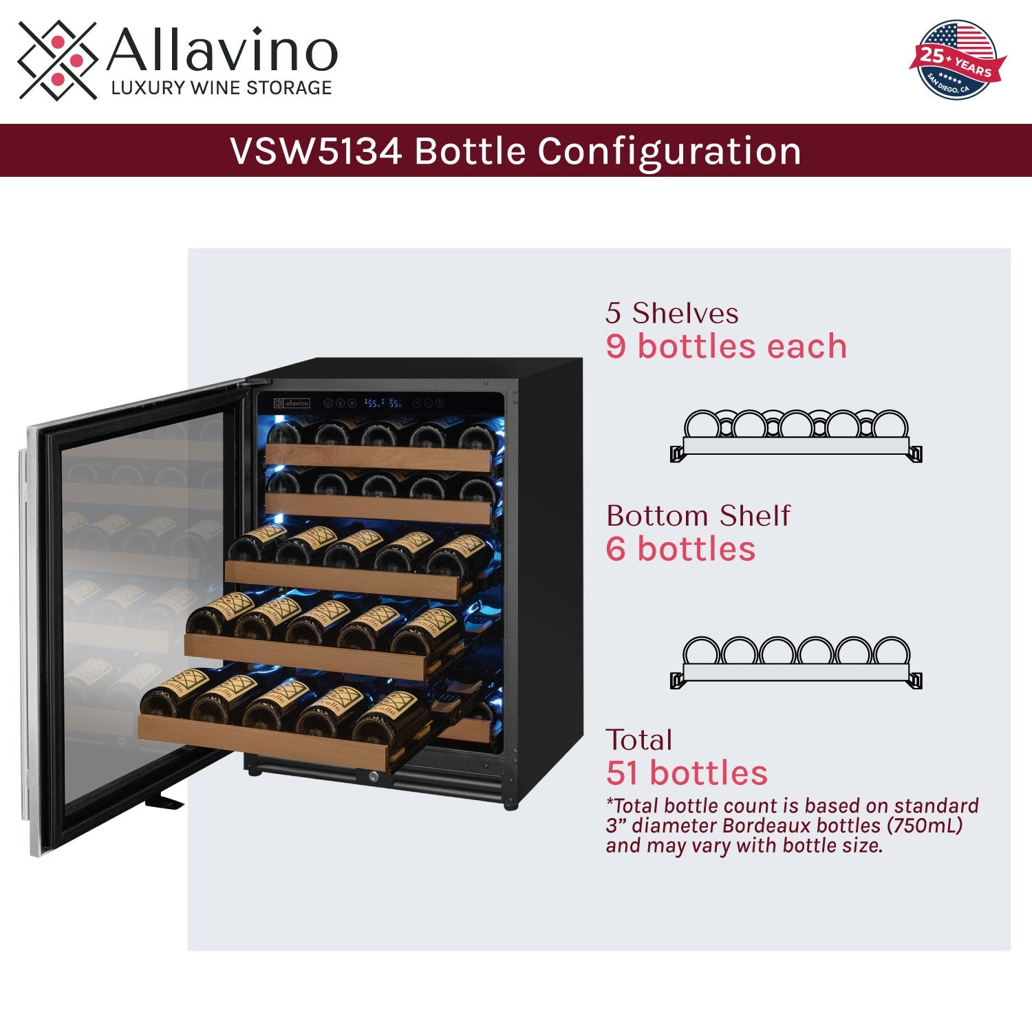 Allavino Reserva Series - 51 Bottle Single Zone Built-in Luxury Wine Refrigerator with Stainless Steel Door - Left Hinge AO VSW5134S-1SL