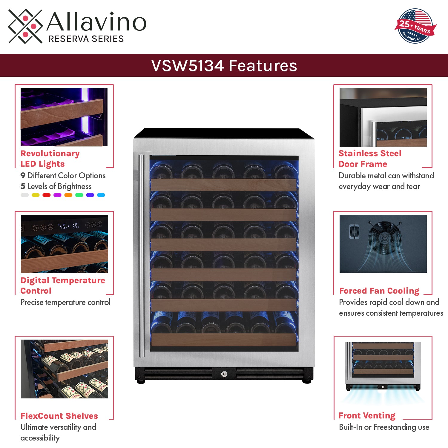 Allavino Reserva Series - 51 Bottle Single Zone Built-in Luxury Wine Refrigerator with Stainless Steel Door - Right Hinge AO VSW5134S-1SR