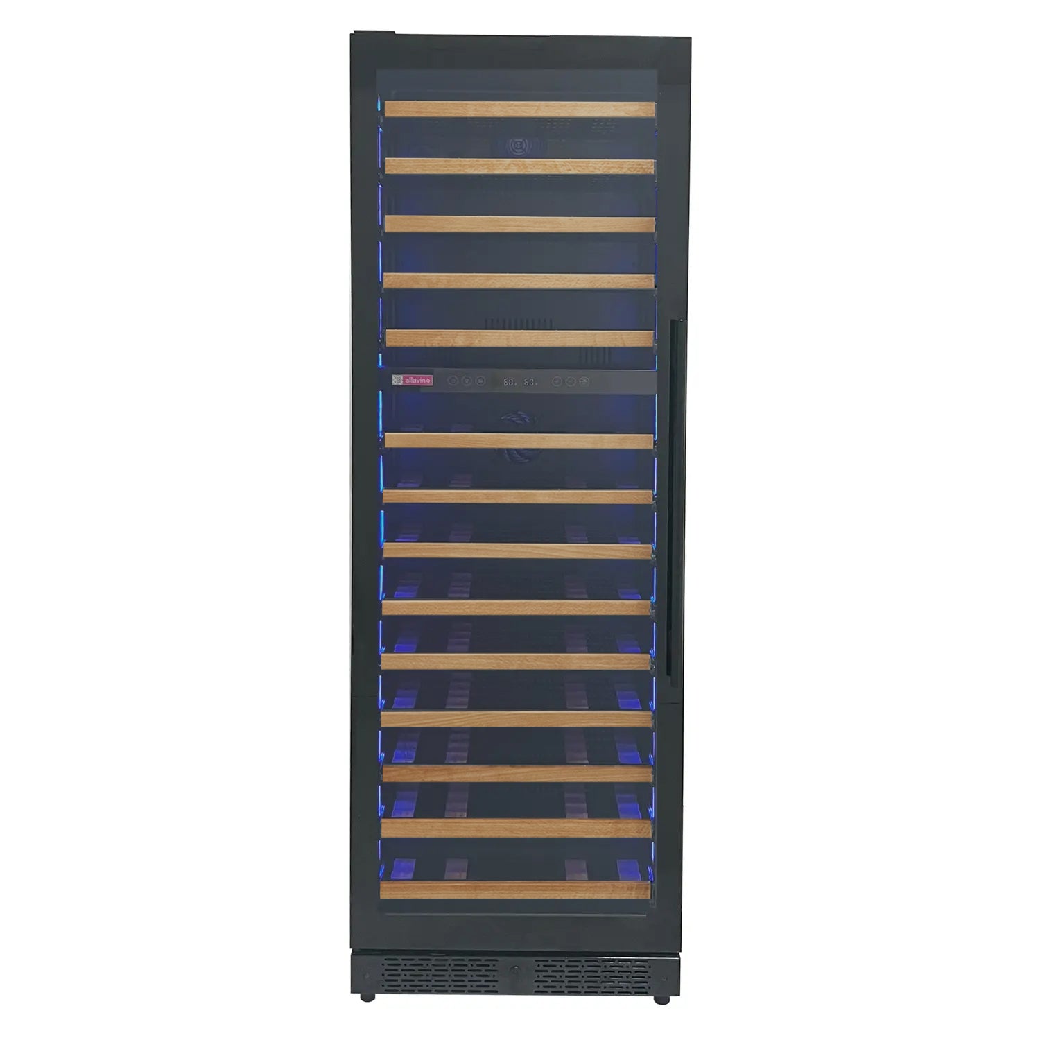 Allavino Reserva Series 67 Bottle 71" Tall Dual Zone Left Hinge Black Shallow Wine Refrigerator with Wood Front Shelves AO VSW6771D-2BL-WD