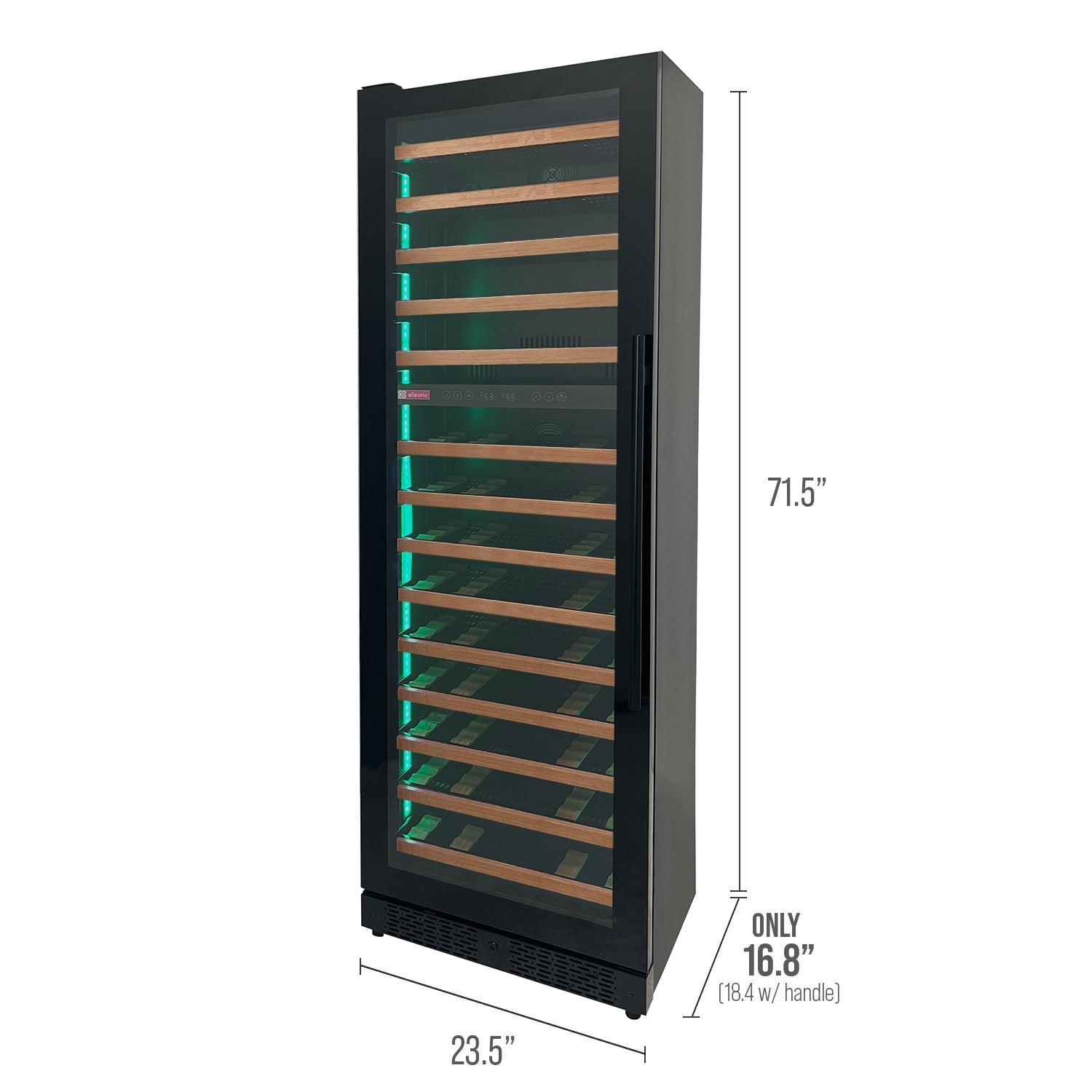 Allavino Reserva Series 67 Bottle 71" Tall Dual Zone Left Hinge Black Shallow Wine Refrigerator with Wood Front Shelves AO VSW6771D-2BL-WD