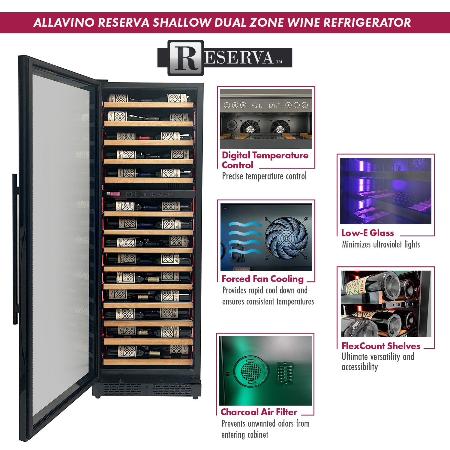 Allavino Reserva Series 67 Bottle 71" Tall Dual Zone Left Hinge Black Shallow Wine Refrigerator with Wood Front Shelves AO VSW6771D-2BL-WD