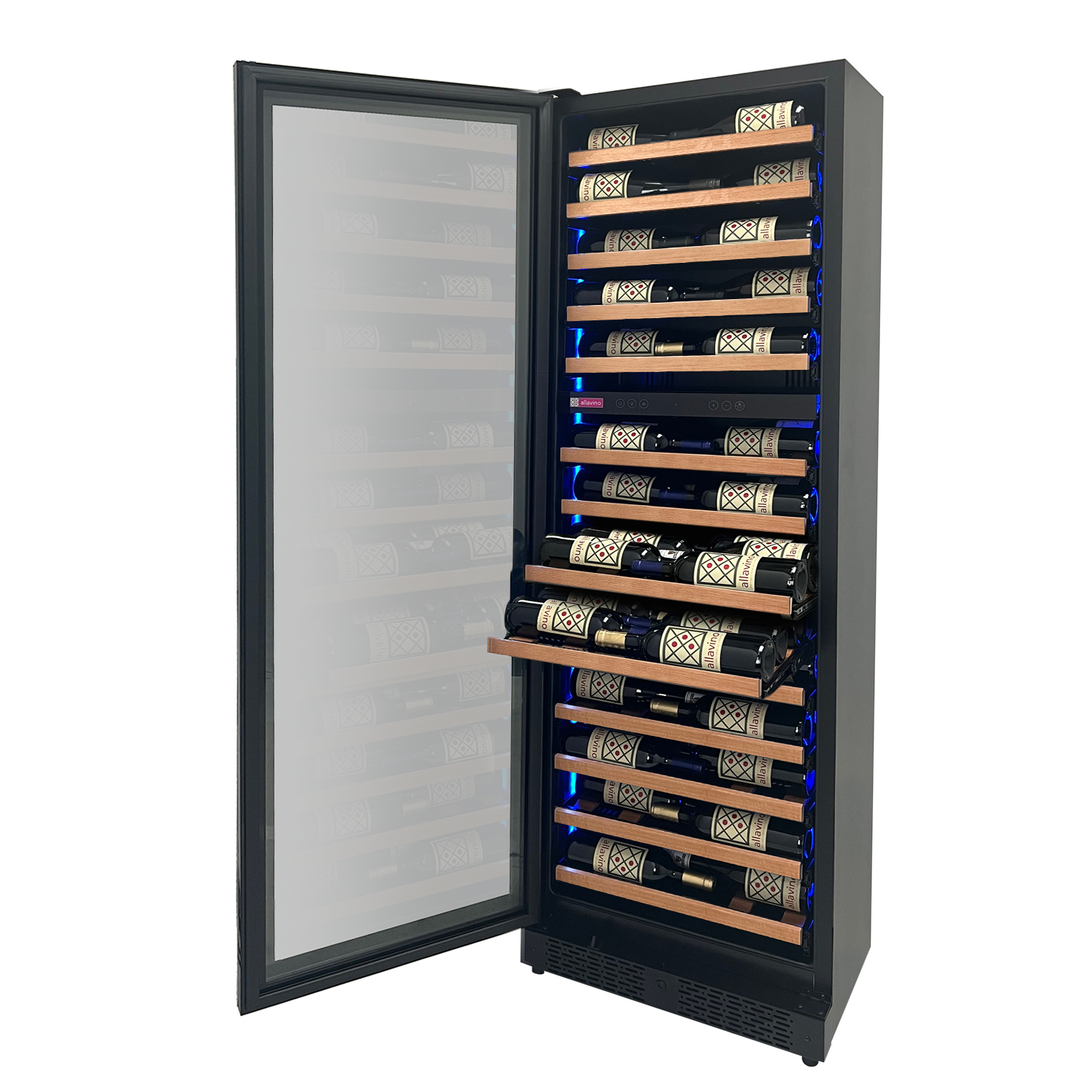 Allavino Reserva Series 67 Bottle 71" Tall Dual Zone Left Hinge Black Shallow Wine Refrigerator with Wood Front Shelves AO VSW6771D-2BL-WD