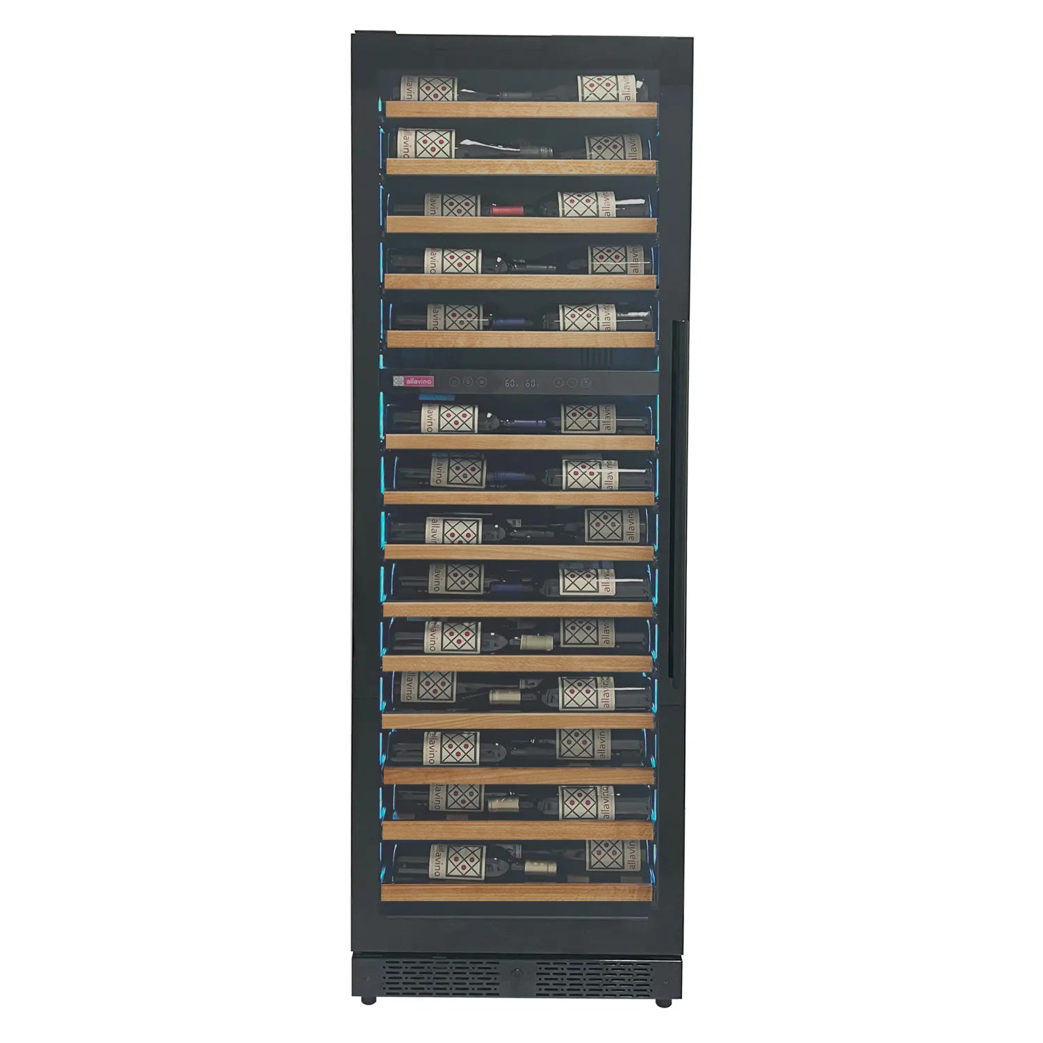 Allavino Reserva Series 67 Bottle 71" Tall Dual Zone Left Hinge Black Shallow Wine Refrigerator with Wood Front Shelves AO VSW6771D-2BL-WD