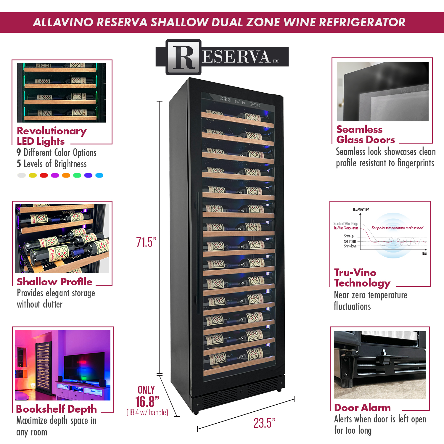 Allavino Reserva Series 67 Bottle 71" Tall Single Zone Right Hinge Black Shallow Wine Refrigerator with Wood Front Shelves AO VSW6771S-1BR-WD