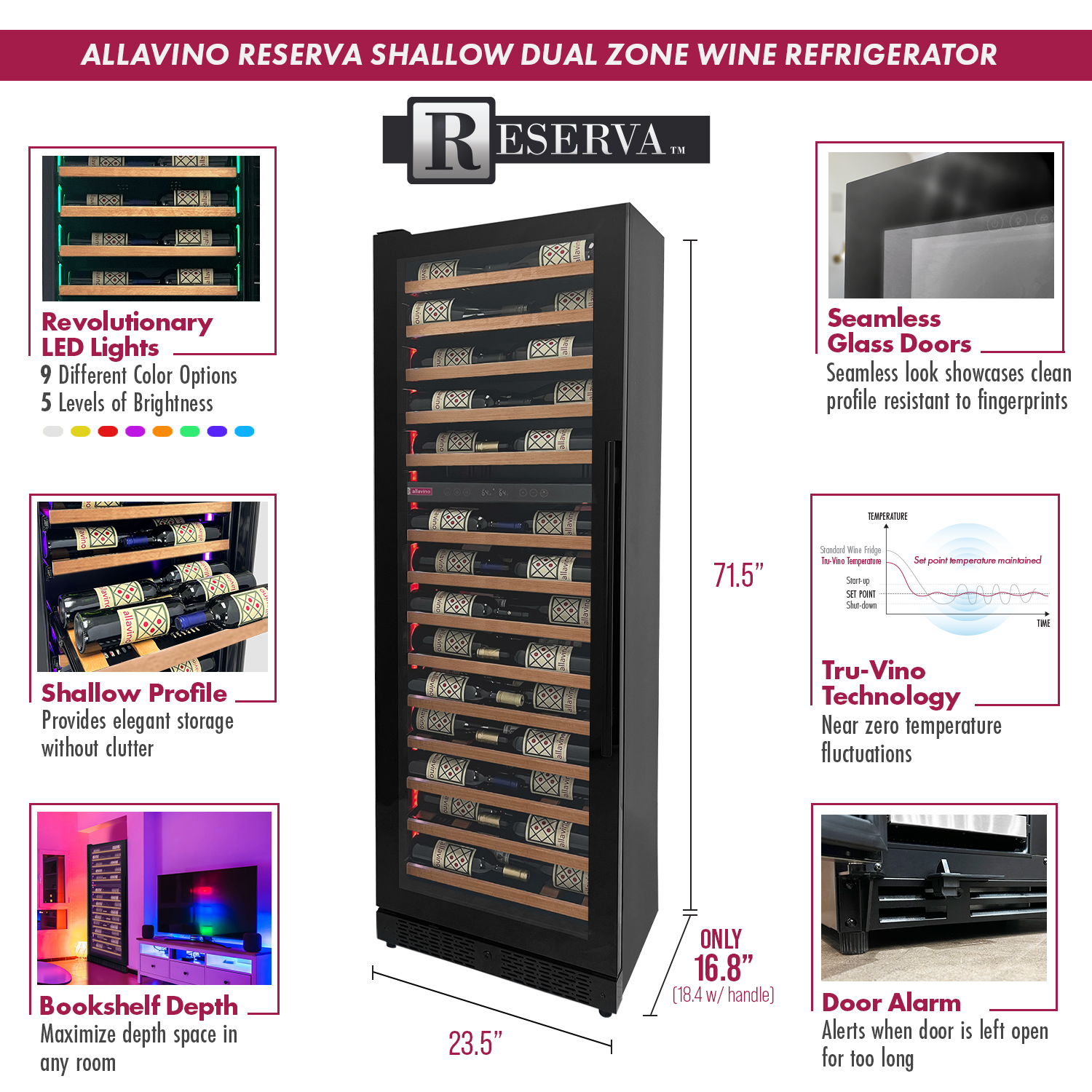 Allavino Reserva Series 134 Bottle 71" Tall Four Zone Black Side-by-Side Shallow Wine Refrigerator with Wood Front Shelves BF 2X-VSW6771D-2B-W