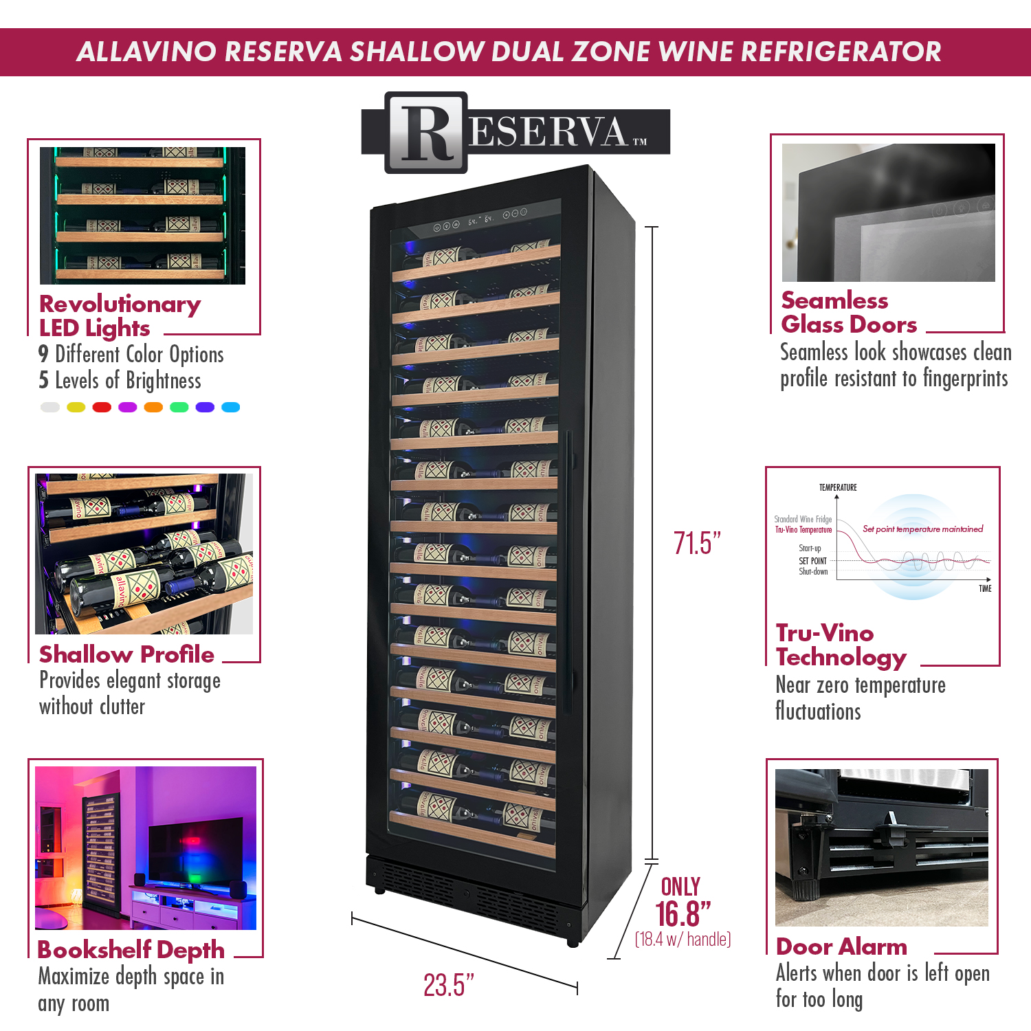 Allavino Reserva Series 134 Bottle 71" Tall Three Zone Black Side-by-Side Shallow Wine Refrigerator with Wood Front Shelves BF 3Z-VSW6771-W