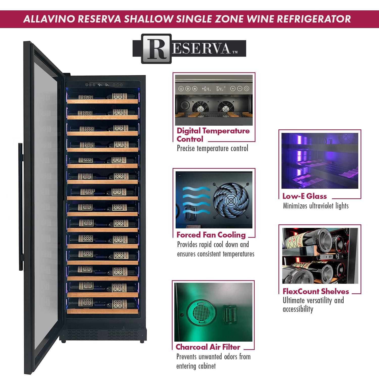 Allavino Reserva Series 67 Bottle 71" Tall Single Zone Left Hinge Black Shallow Wine Refrigerator with Wood Front Shelves AO VSW6771S-1BL-WD
