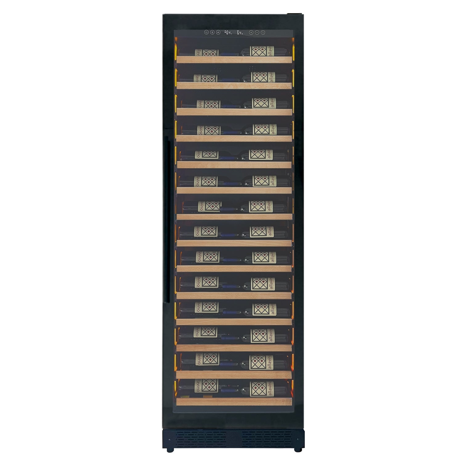 Allavino Reserva Series 67 Bottle 71" Tall Single Zone Right Hinge Black Shallow Wine Refrigerator with Wood Front Shelves AO VSW6771S-1BR-WD
