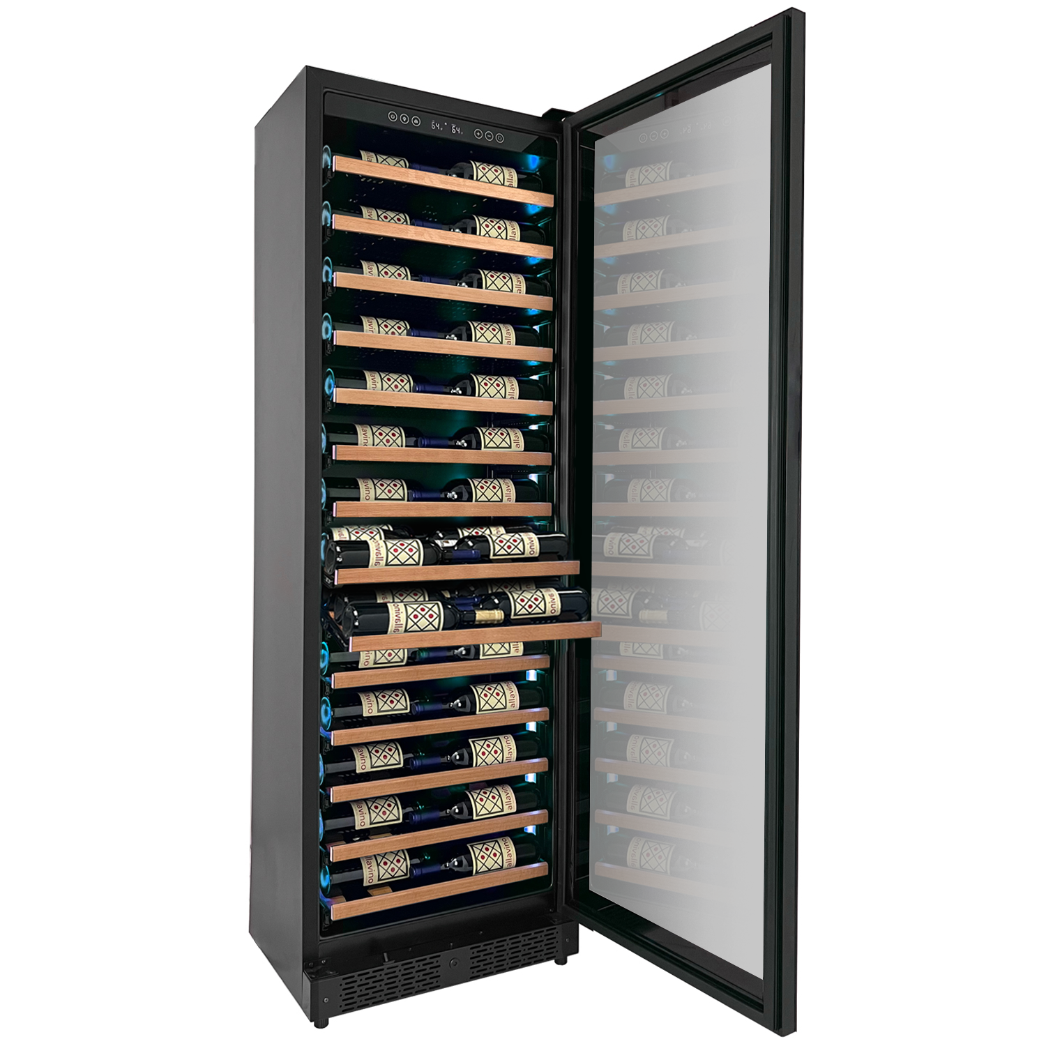 Allavino Reserva Series 67 Bottle 71" Tall Single Zone Right Hinge Black Shallow Wine Refrigerator with Wood Front Shelves AO VSW6771S-1BR-WD