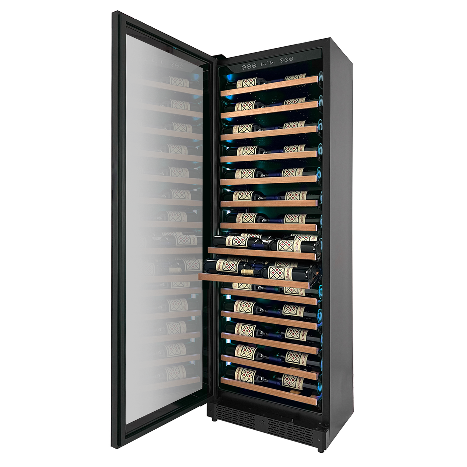 Allavino Reserva Series 67 Bottle 71" Tall Single Zone Left Hinge Black Shallow Wine Refrigerator with Wood Front Shelves AO VSW6771S-1BL-WD