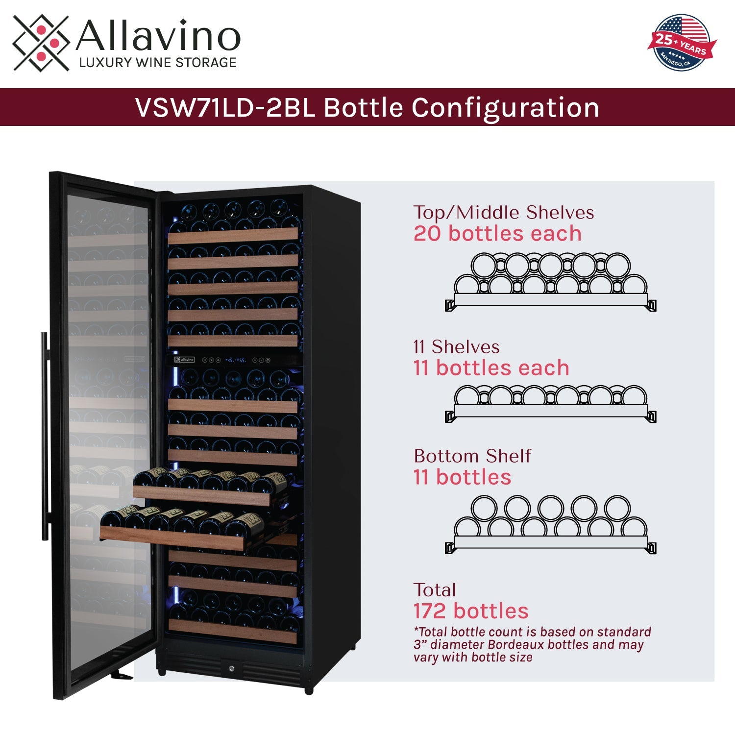 Allavino Reserva Series 172 Bottle Dual Zone Built-in Wine Refrigerator with Black Metal Door - Left Hinge AO VSW71LD-2BL
