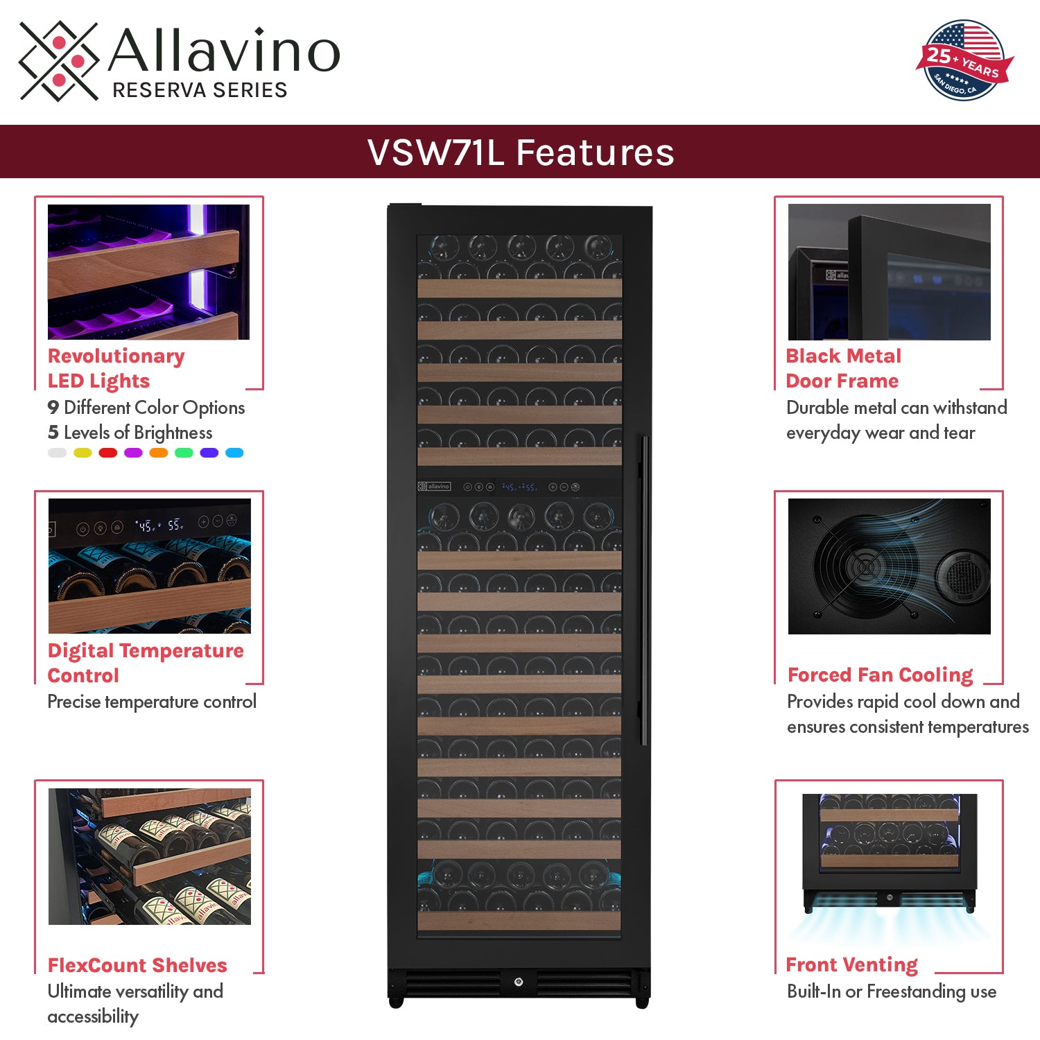 Allavino Reserva Series 172 Bottle Dual Zone Built-in Wine Refrigerator with Black Metal Door - Left Hinge AO VSW71LD-2BL