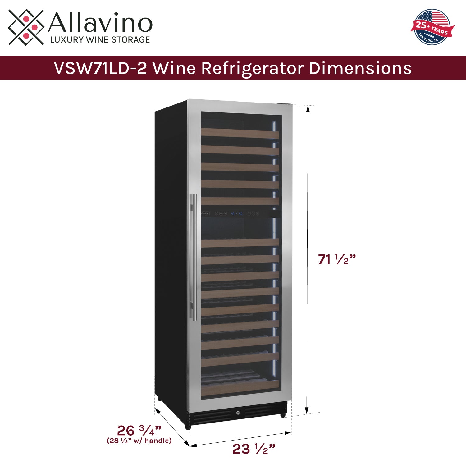 Allavino Reserva Series 172 Bottle Dual Zone Built-in Wine Refrigerator with Stainless Steel Door - Right Hinge AO VSW71LD-2SR
