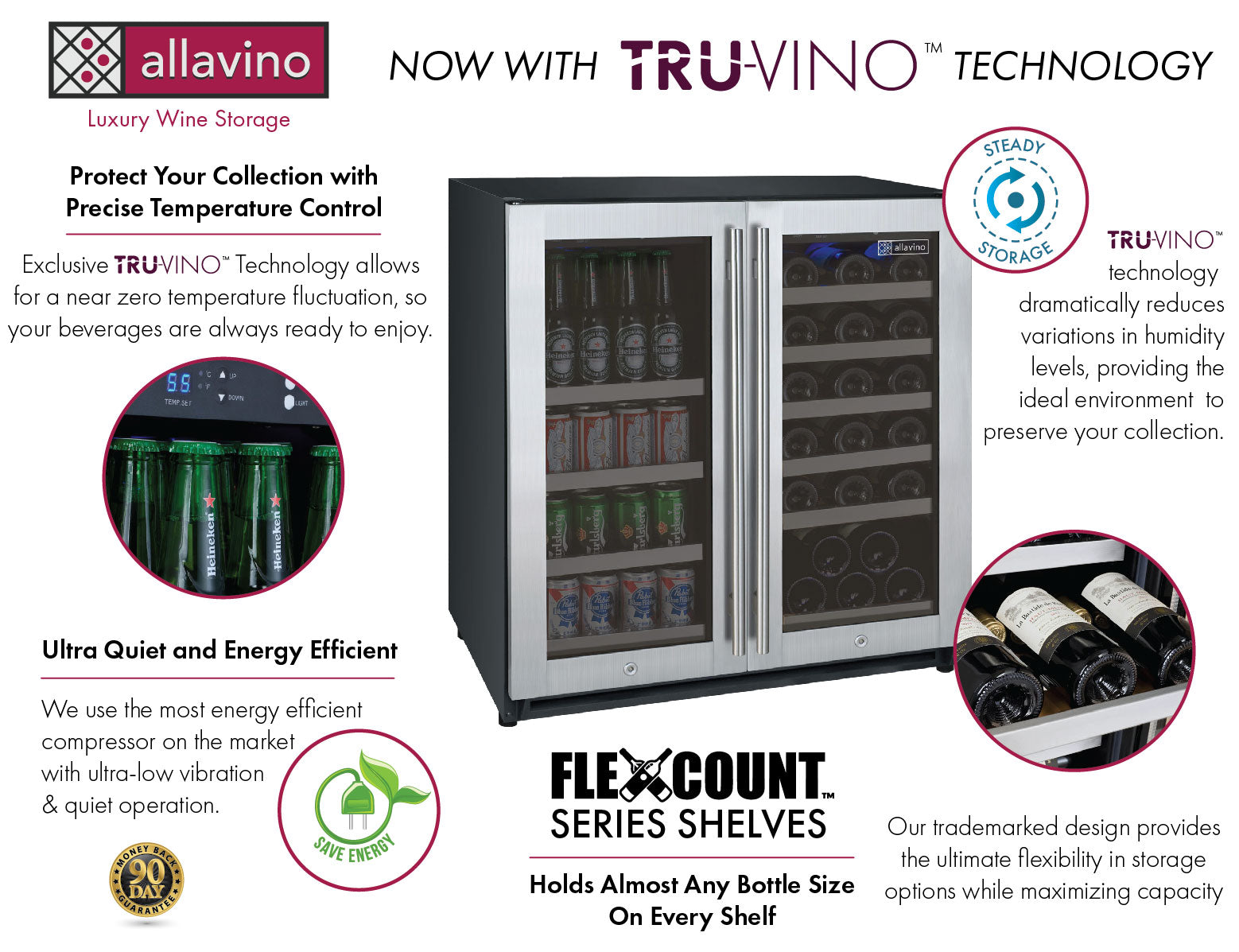 Allavino 30" Wide FlexCount II Tru-Vino 30 Bottle/88 Can Dual Zone Stainless Steel Built-In Wine Refrigerator/Beverage Center  AO VSWB30-2SF20