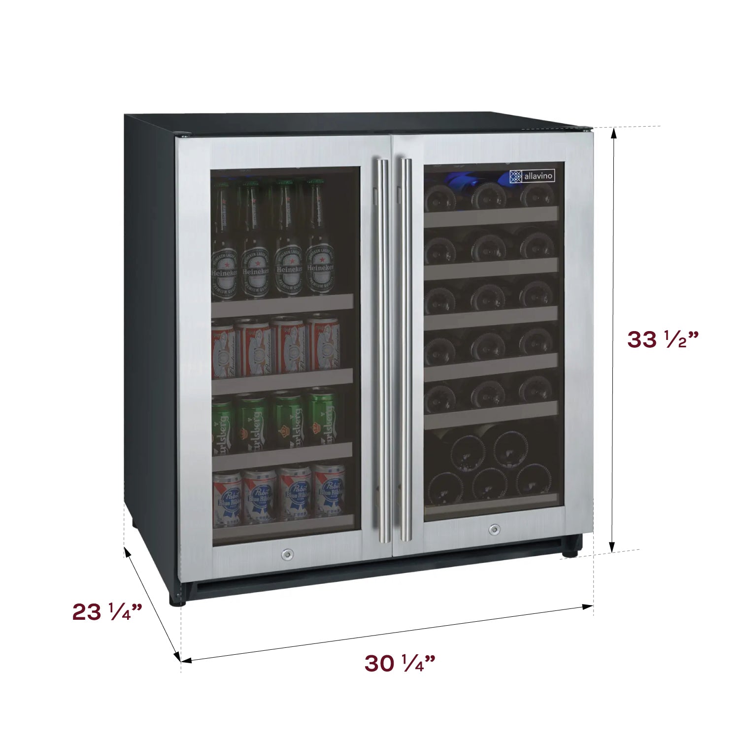Allavino 30" Wide FlexCount II Tru-Vino 30 Bottle/88 Can Dual Zone Stainless Steel Built-In Wine Refrigerator/Beverage Center  AO VSWB30-2SF20