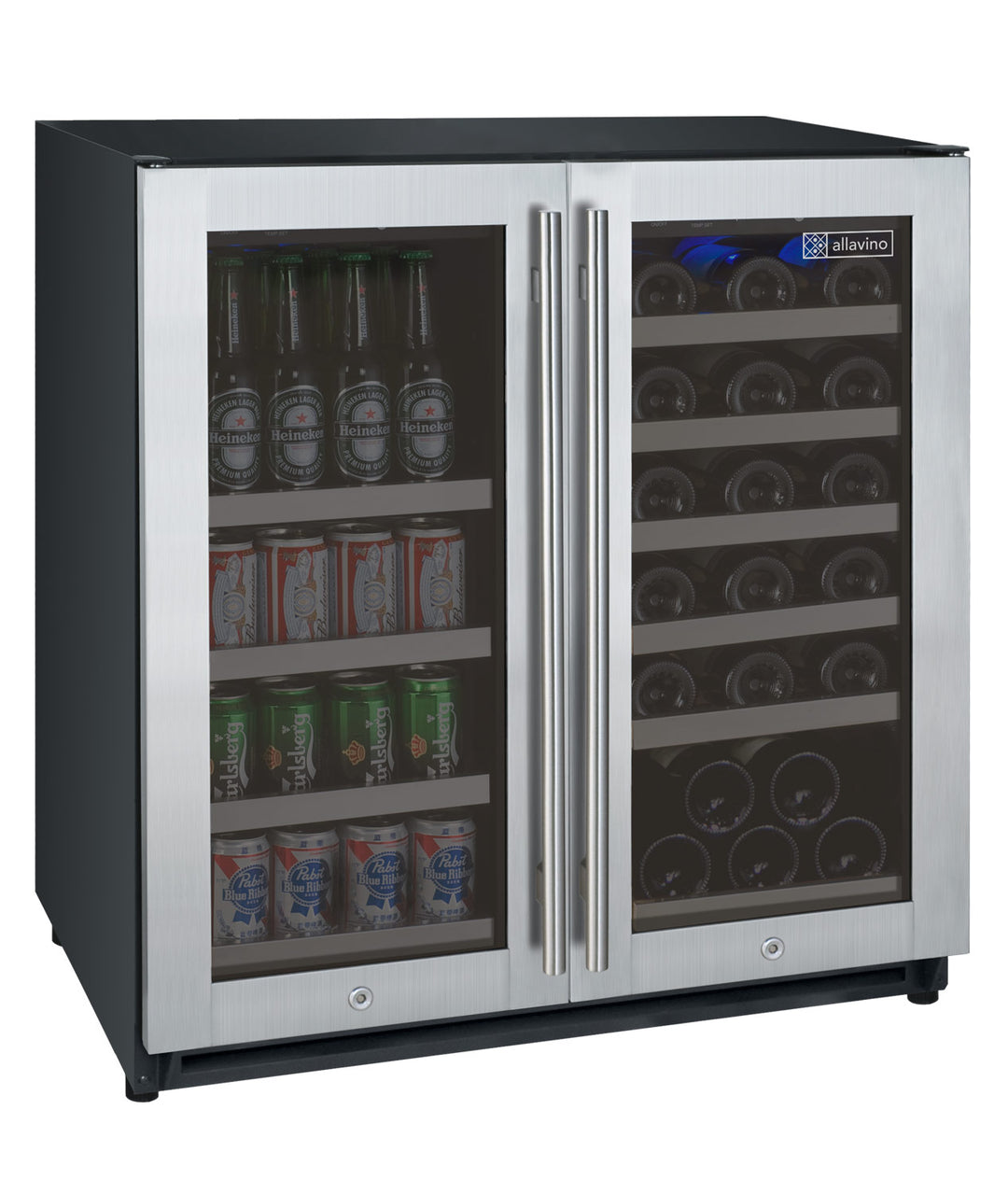 Allavino 30" Wide FlexCount II Tru-Vino 30 Bottle/88 Can Dual Zone Stainless Steel Built-In Wine Refrigerator/Beverage Center  AO VSWB30-2SF20