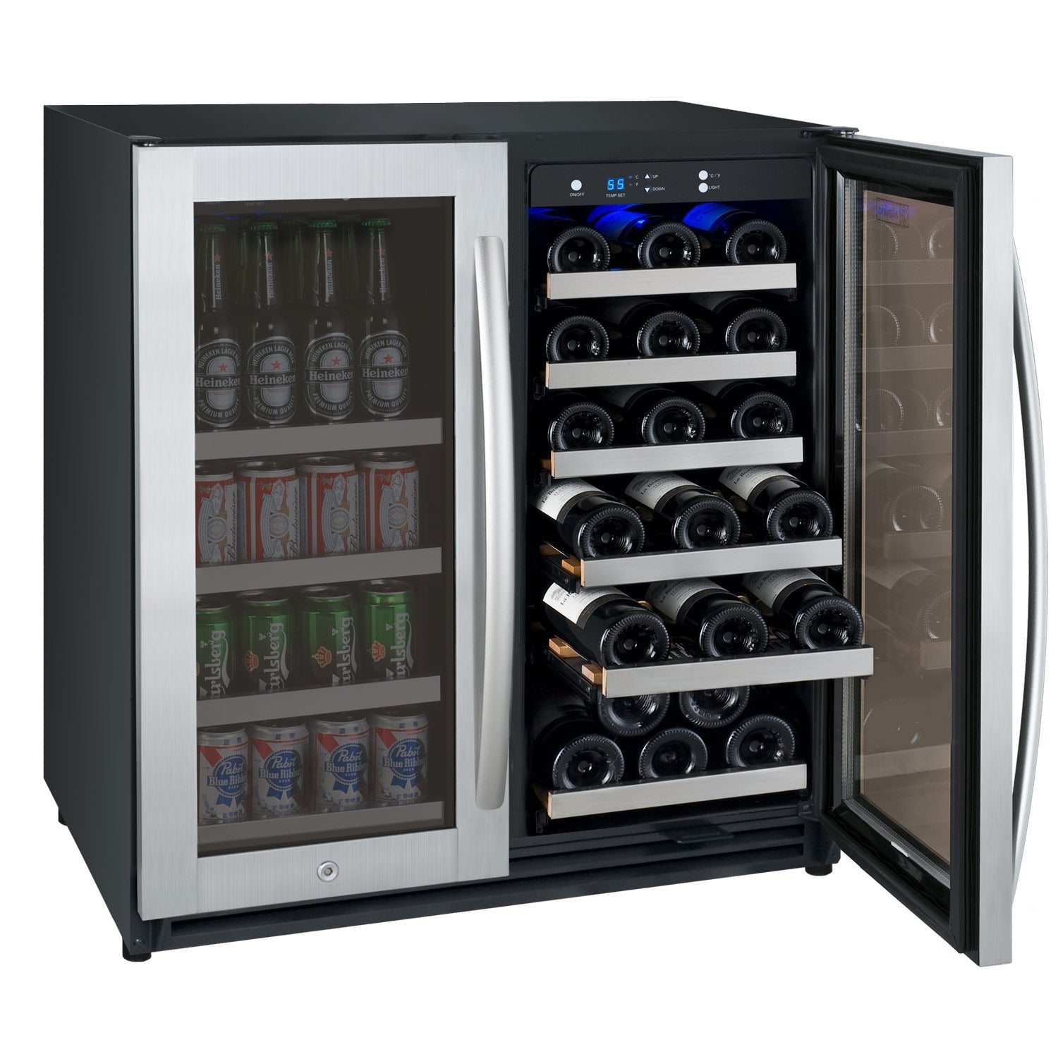 Allavino 30" Wide FlexCount II Tru-Vino 30 Bottle/88 Can Dual Zone Stainless Steel Built-In Wine Refrigerator/Beverage Center  AO VSWB30-2SF20