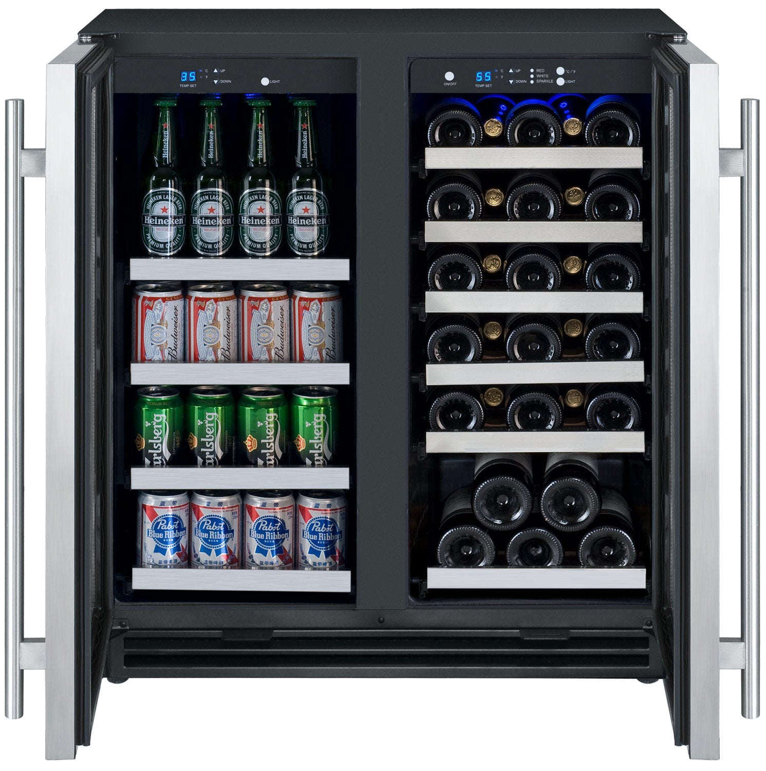 Allavino 30" Wide FlexCount II Tru-Vino 30 Bottle/88 Can Dual Zone Stainless Steel Built-In Wine Refrigerator/Beverage Center  AO VSWB30-2SF20