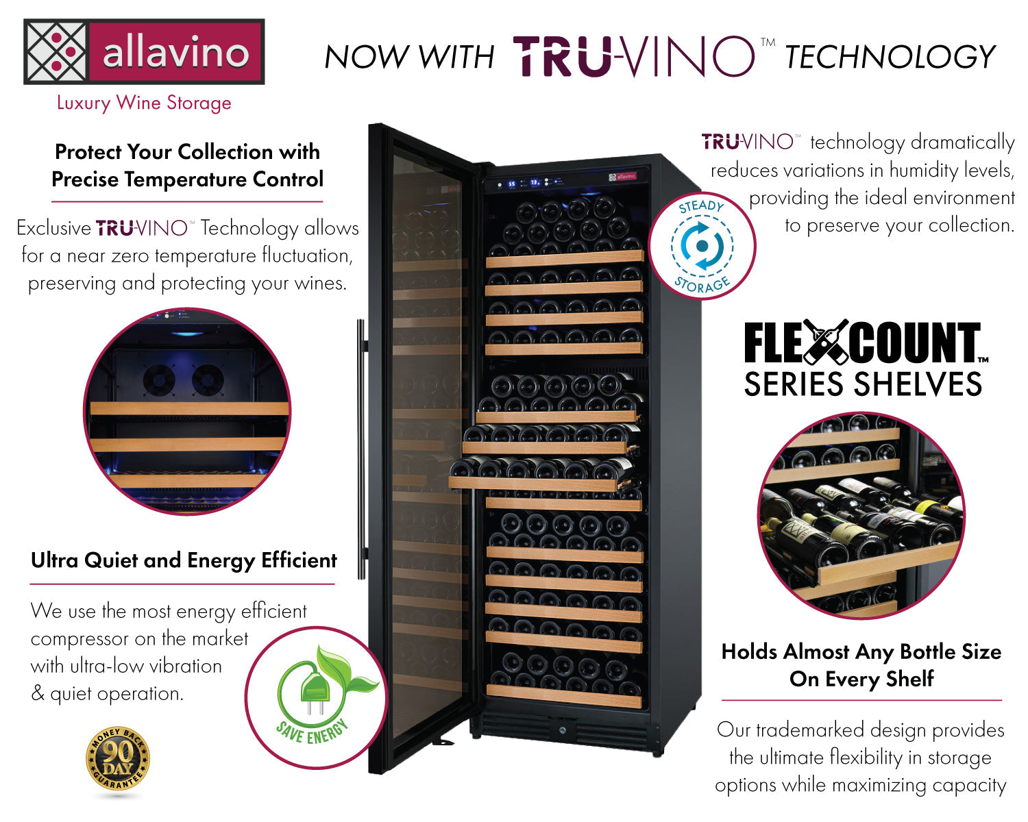 Allavino 24" Wide FlexCount II Tru-Vino 177 Bottle Single Zone Black Left Hinge Wine Refrigerator AO VSWR177-1BL20