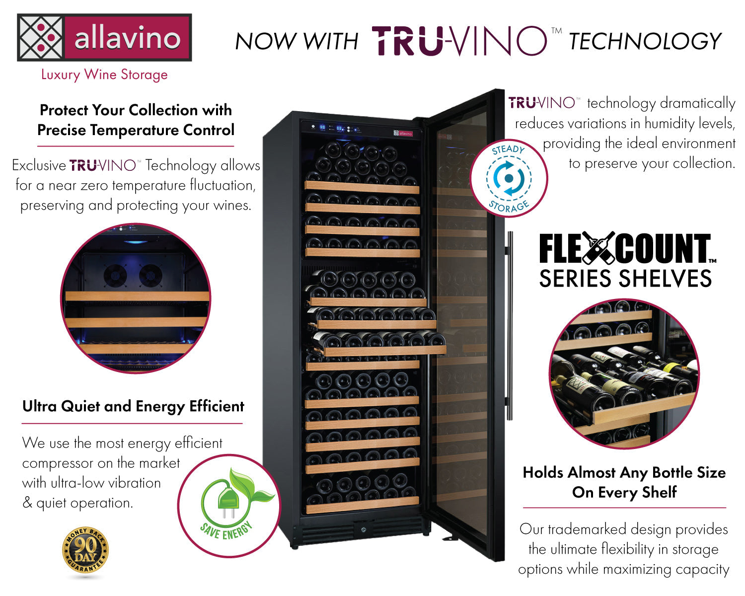 Allavino 24" Wide FlexCount II Tru-Vino 177 Bottle Single Zone Black Right Hinge Wine Refrigerator AO VSWR177-1BR20