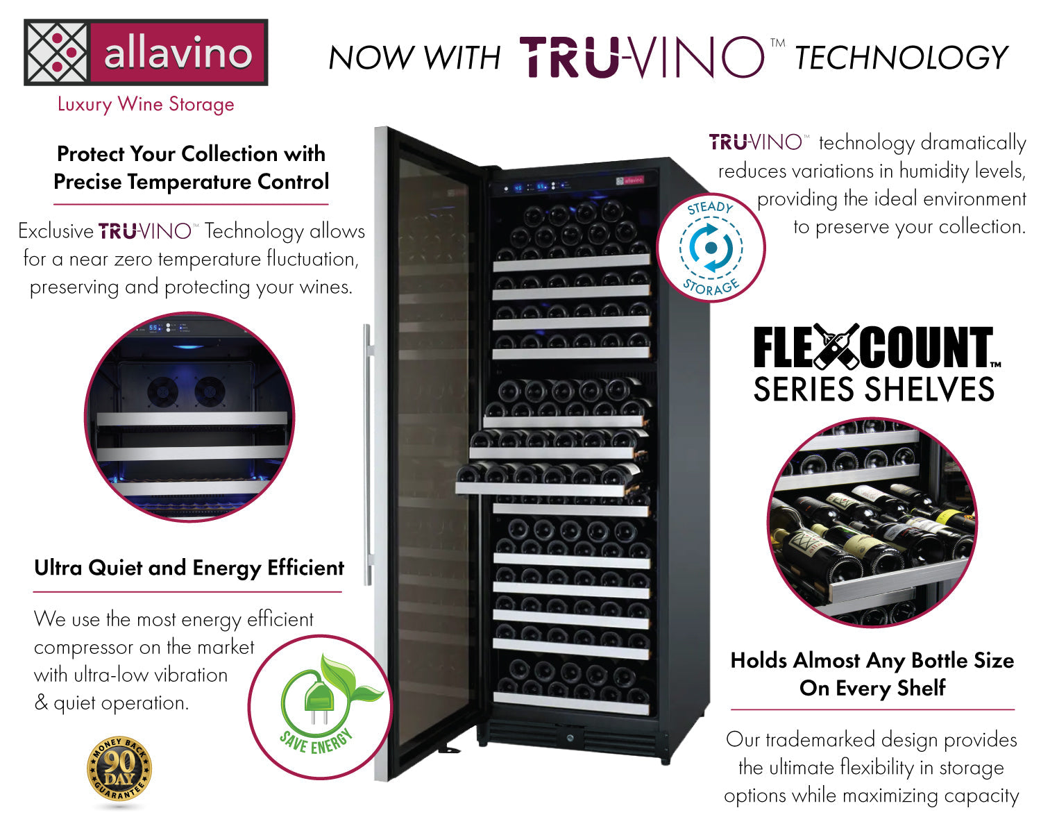 Allavino 24" Wide FlexCount II Tru-Vino 177 Bottle Single Zone Stainless Steel Left Hinge Wine Refrigerator AO VSWR177-1SL20