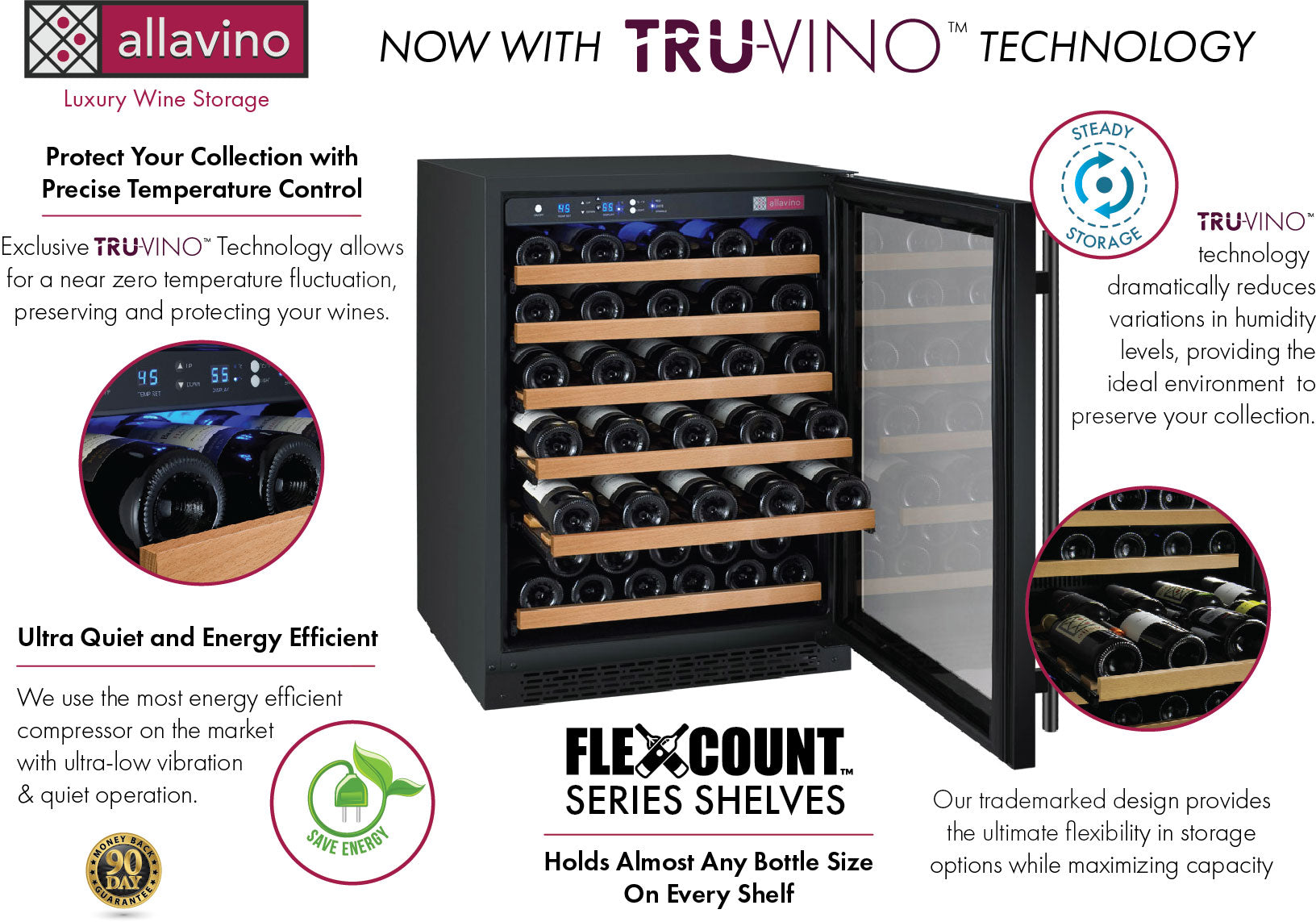 Allavino 47" Wide FlexCount II Tru-Vino 112 Bottle Three Zone Black Side-by-Side Wine Refrigerator  BF 3Z-VSWR5656-B20