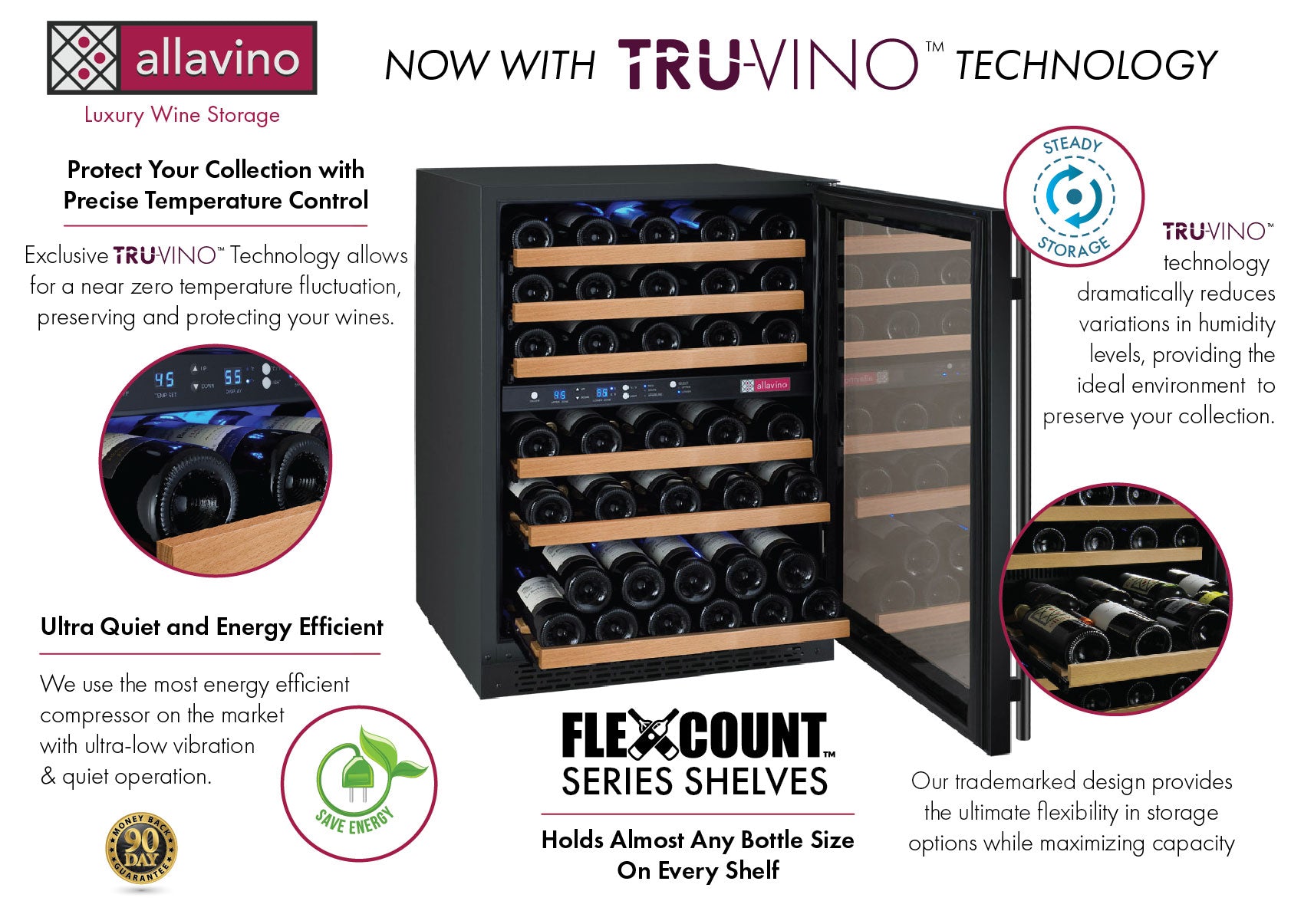 Allavino 47" Wide FlexCount II Tru-Vino 112 Bottle Four Zone Black Side-by-Side Wine Refrigerator  BF 2X-VSWR56-2B20