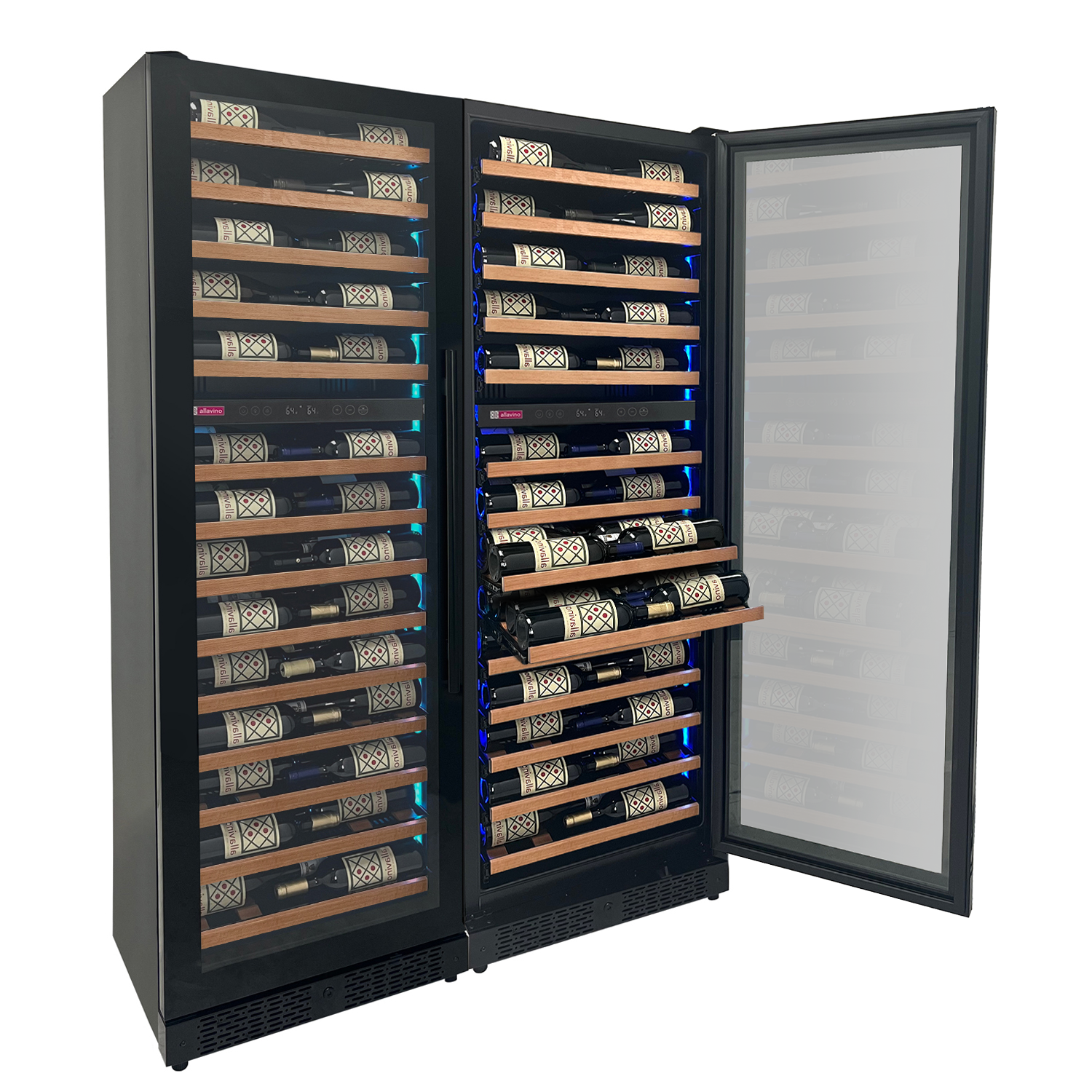 Allavino Reserva Series 134 Bottle 71" Tall Four Zone Black Side-by-Side Shallow Wine Refrigerator with Wood Front Shelves BF 2X-VSW6771D-2B-W