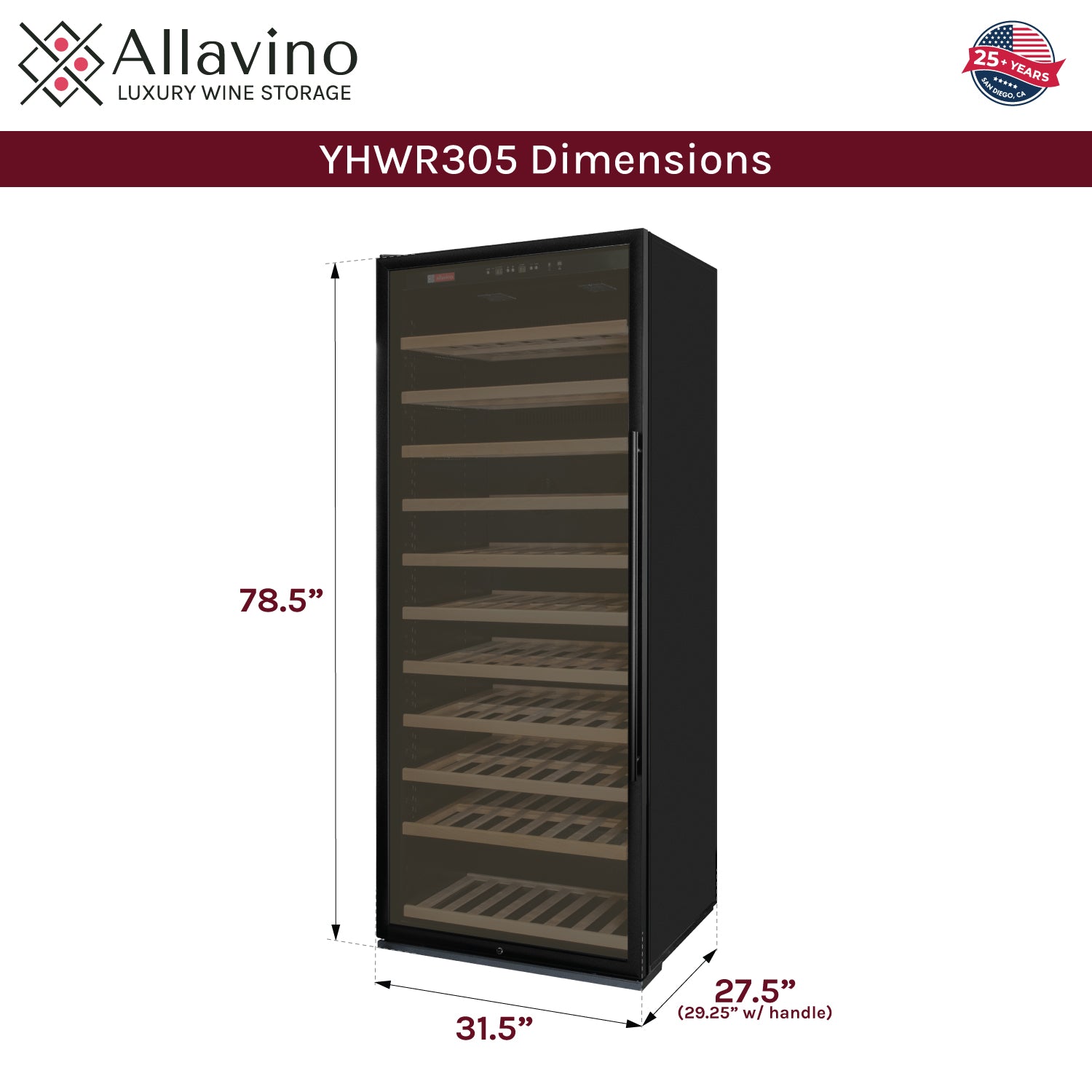 Allavino 32" Wide Vite II Tru-Vino 277 Bottle Single Zone Black Left Hinge Wine Refrigerator  AO YHWR305-1BL20