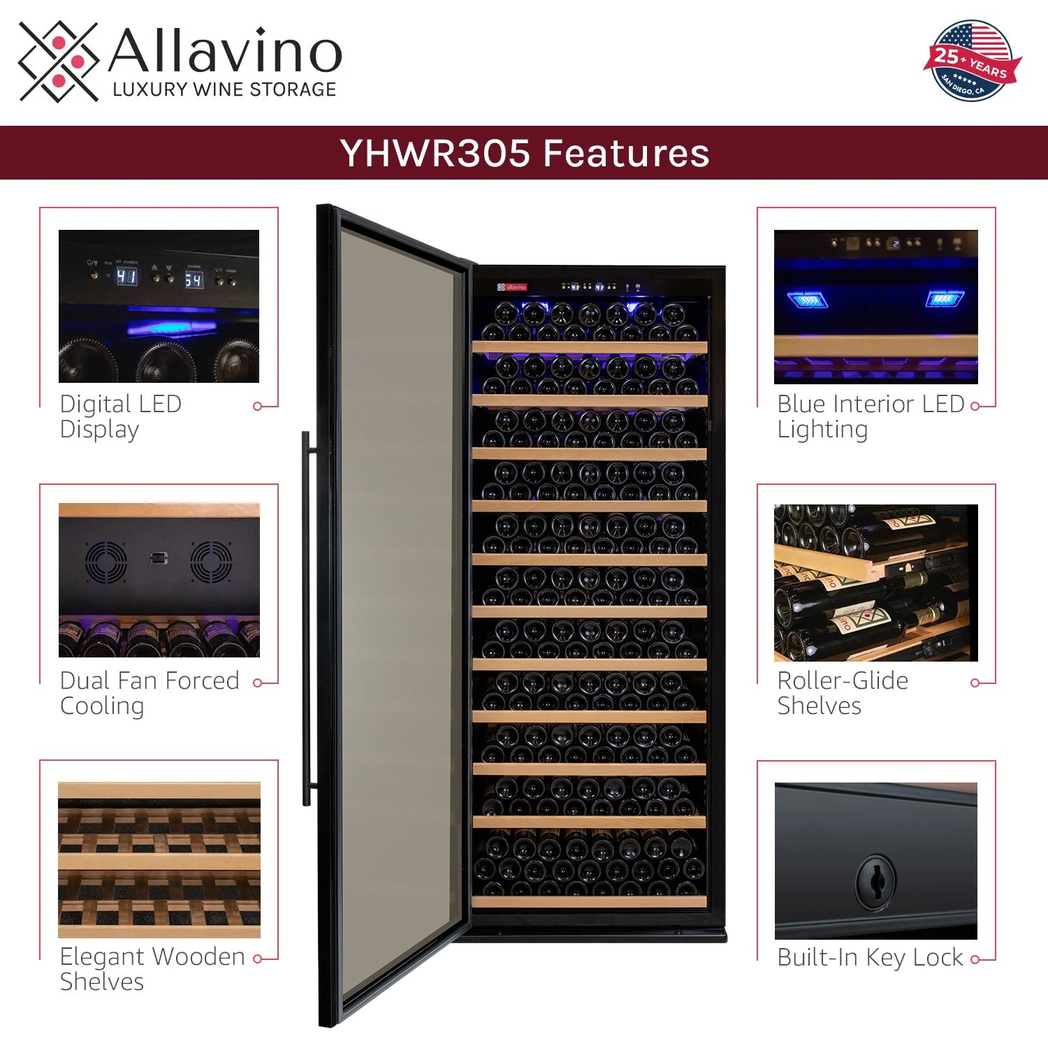 Allavino 32" Wide Vite II Tru-Vino 277 Bottle Single Zone Black Left Hinge Wine Refrigerator  AO YHWR305-1BL20