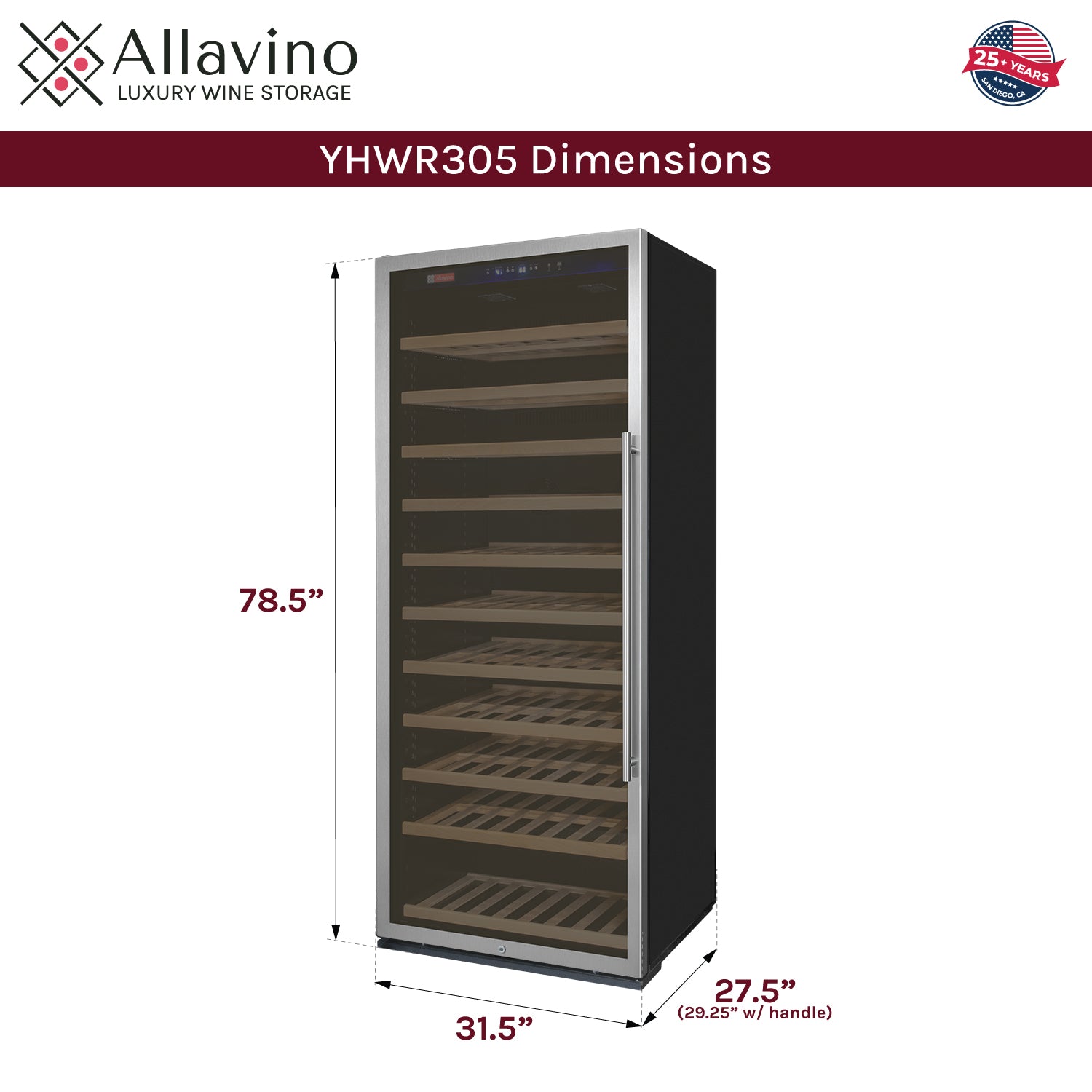 Allavino 32" Wide Vite II Tru-Vino 277 Bottle Single Zone Stainless Steel Left Hinge Wine Refrigerator AO YHWR305-1SL20